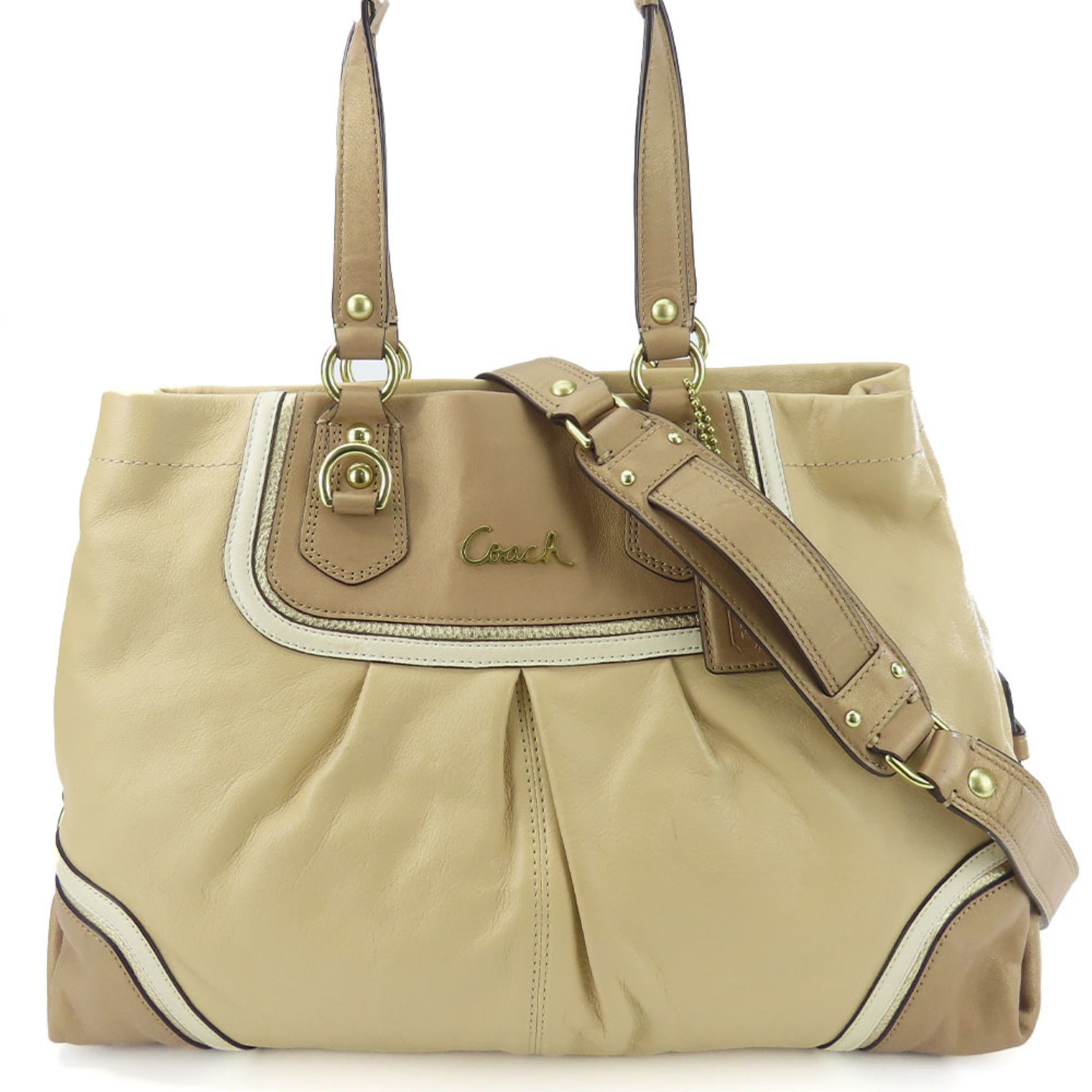 Coach Tote Bag Leather Beige Brown