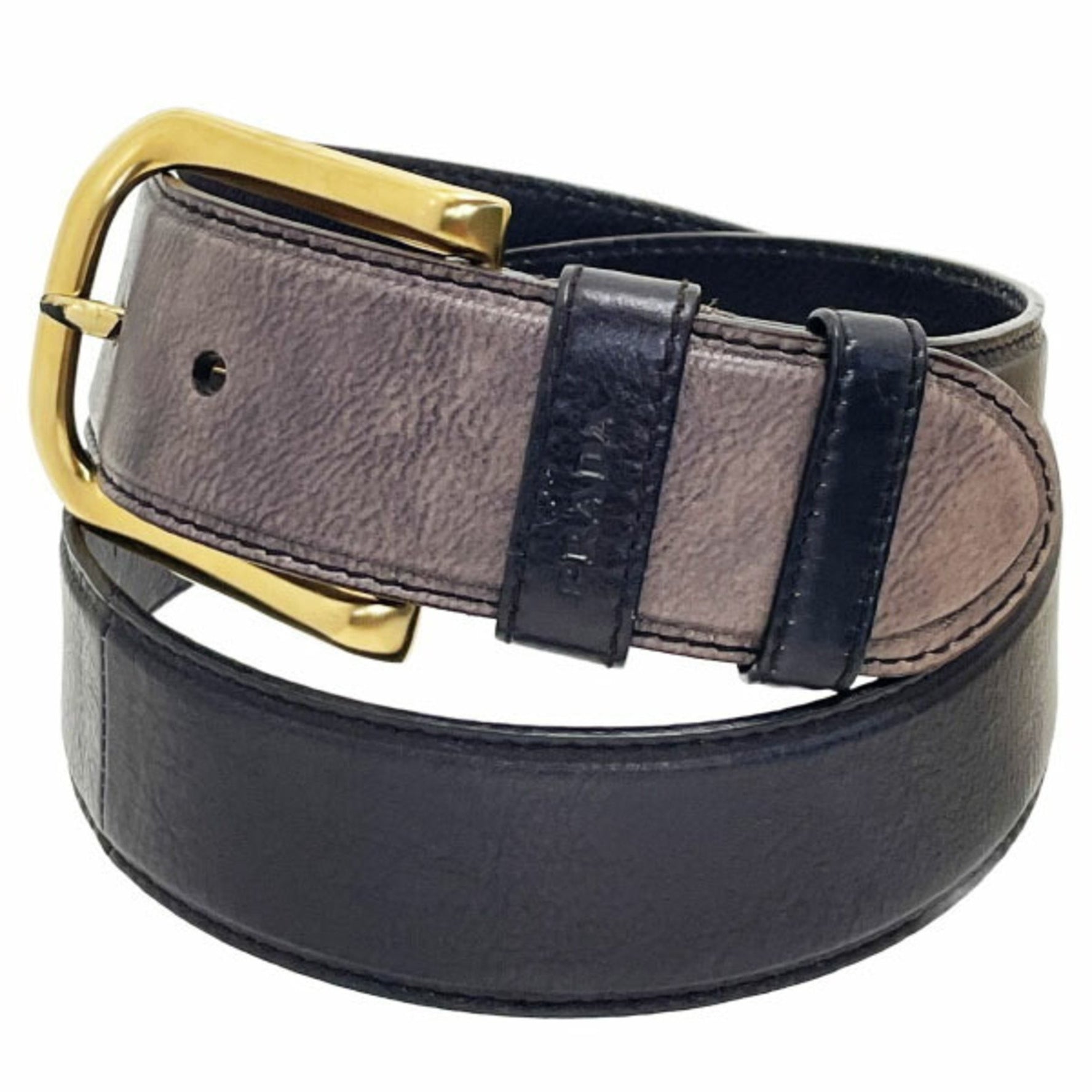 Prada Belt Leather Black Gradient Buckle Size Wide Waist Marking