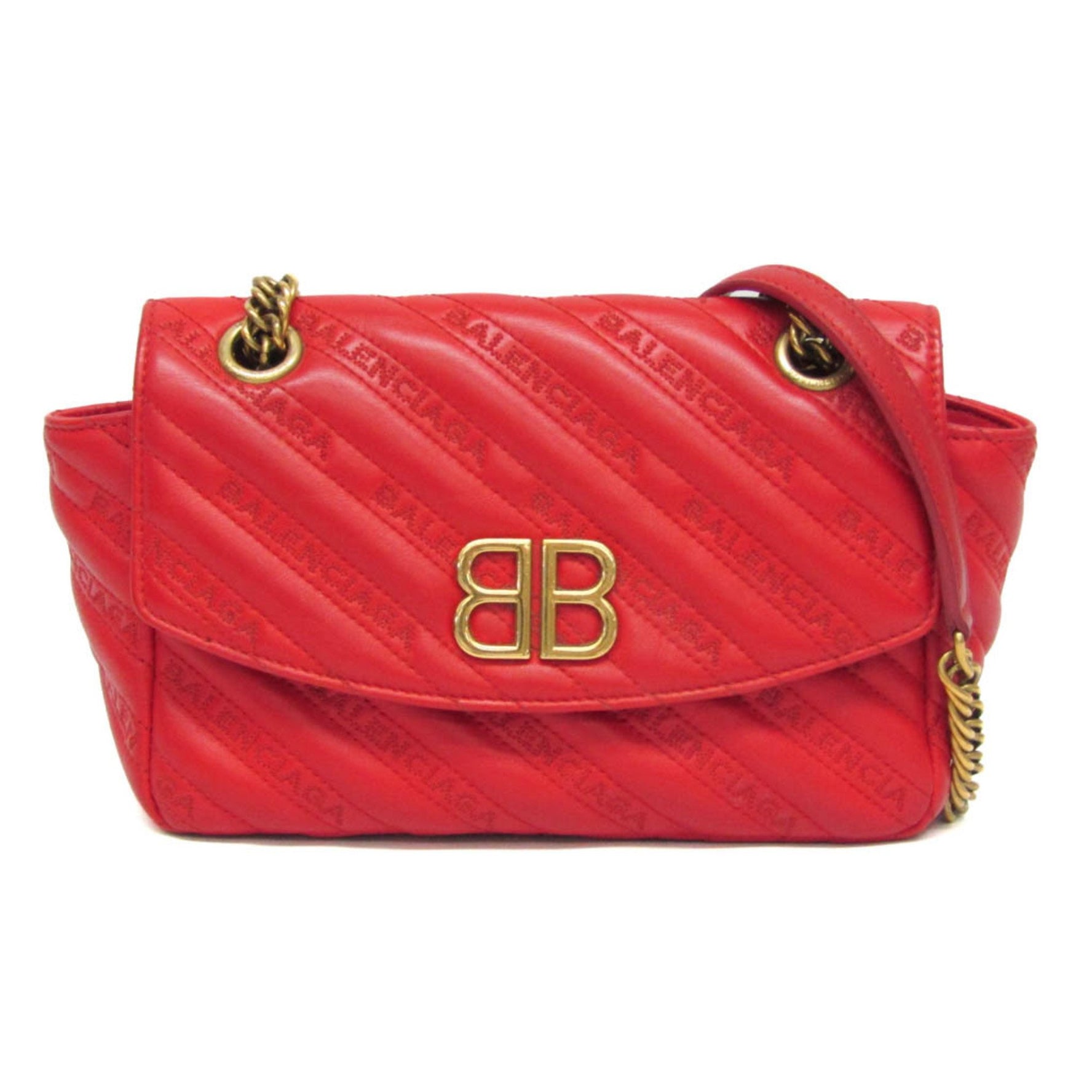 Balenciaga BB Logo Leather Shoulder Bag Red Color