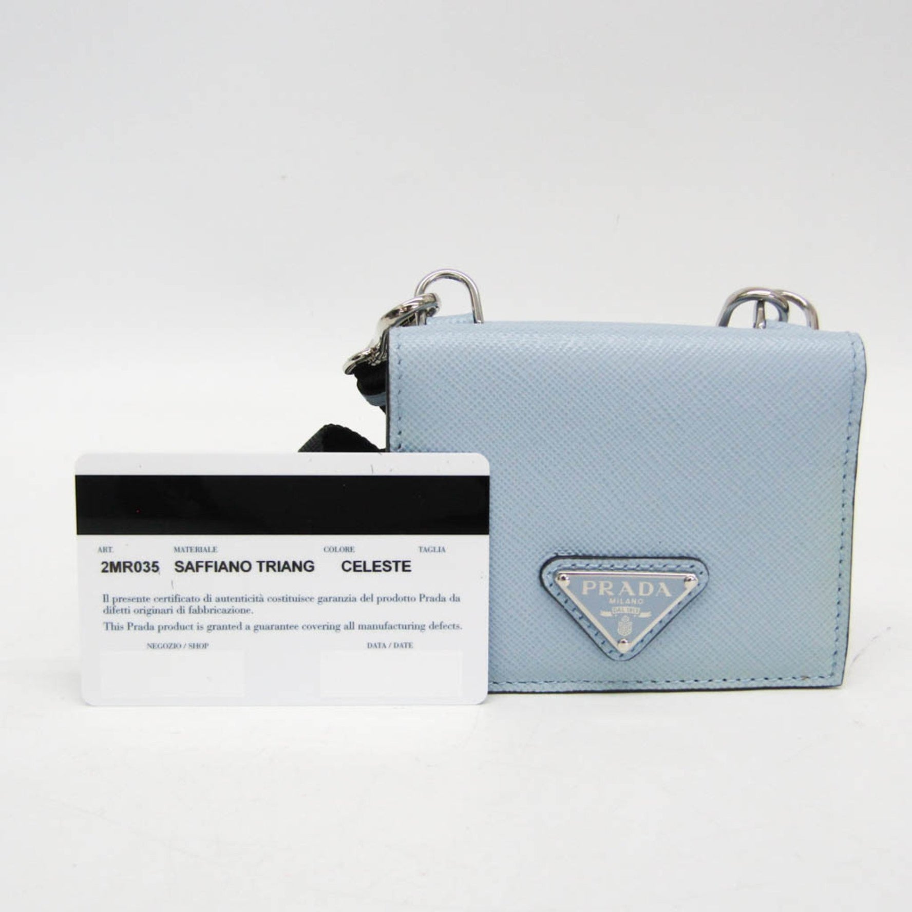 Prada Saffiano Card Case With Neck Strap, Triangle Logo Leather Coin Purse/coin Case