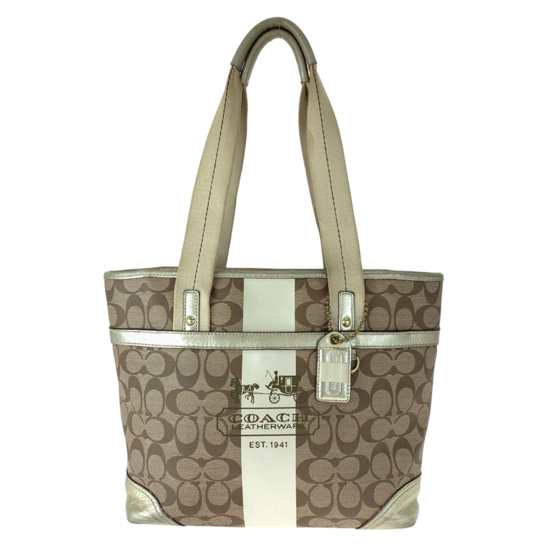 COACH Signature Heritage Stripe Silver Hardware Shoulder Bag Tote