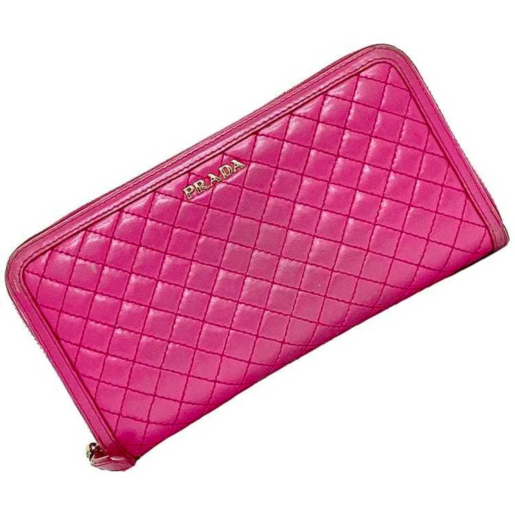 Prada Round Long Wallet Pink FUXIA Quilted Leather Ladies