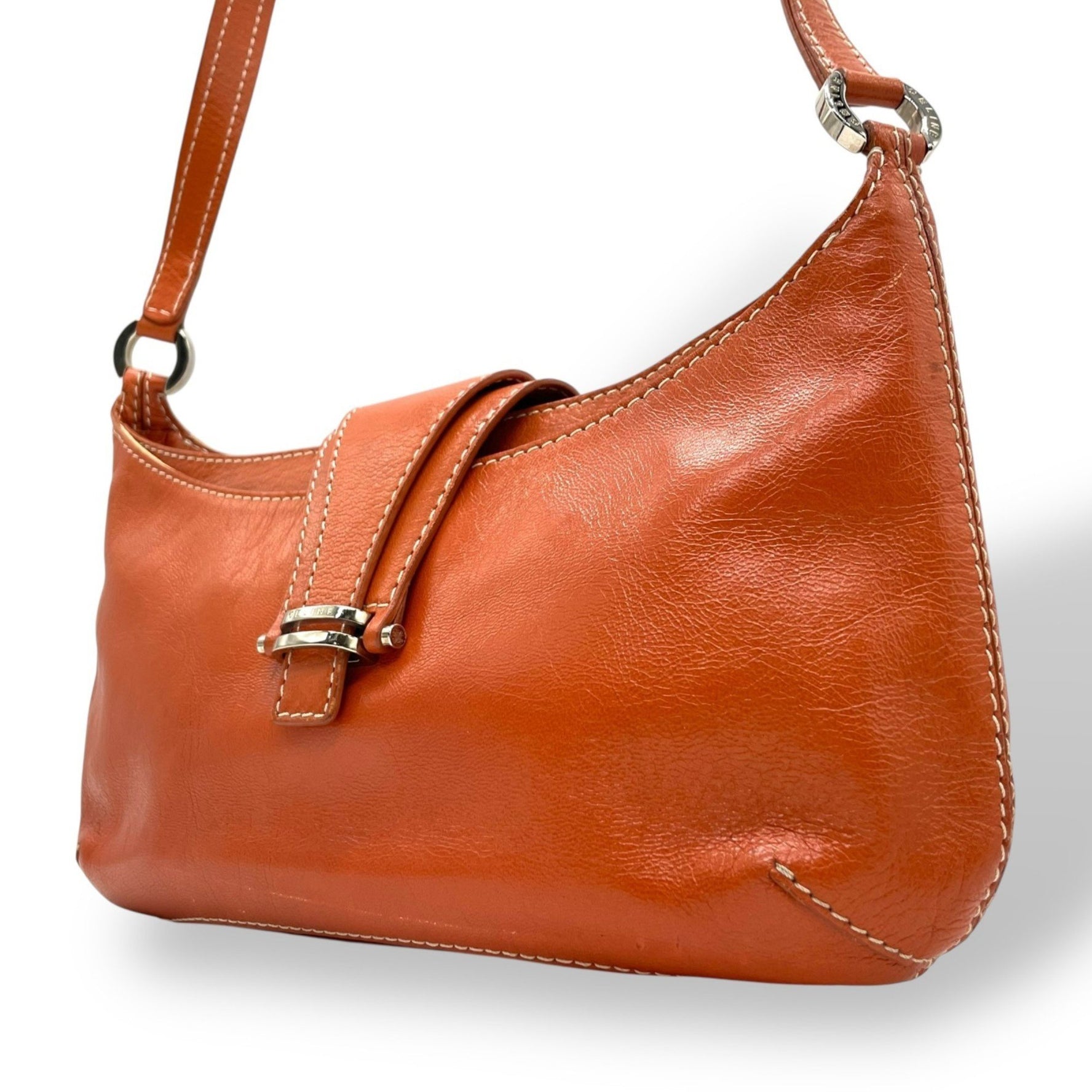 CELINE One-Shoulder Orange Vintage Shoulder Bag with Silver Hardware and Genuine Leather