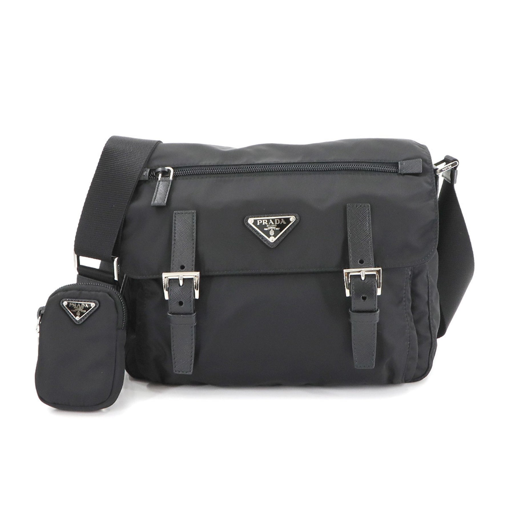 Prada Shoulder Bag in Nylon, Saffiano Leather, Nero Silver Hardware (1BD953)