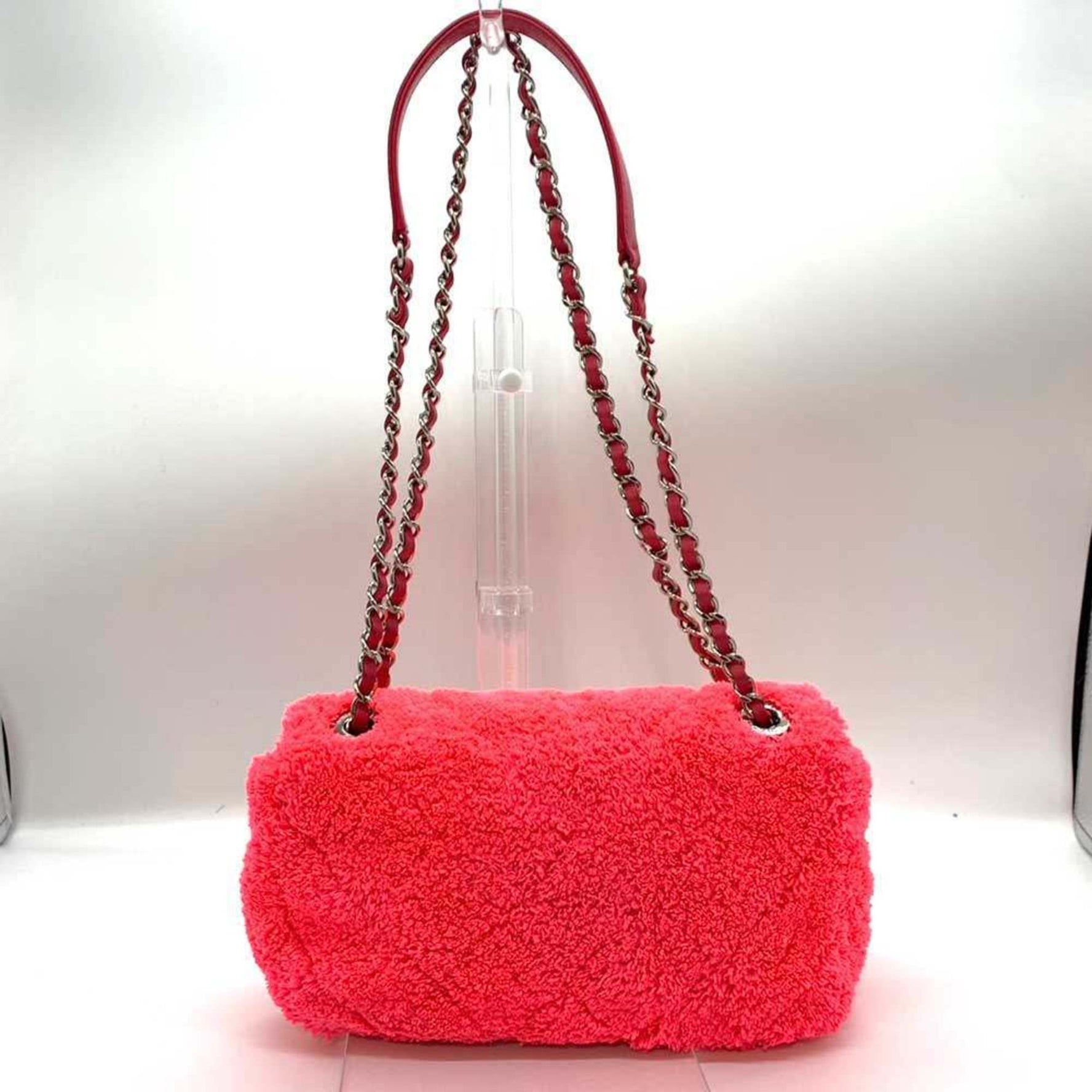 Chanel Chain Shoulder Bag Pink Neon Color Pochette Matelasse Pattern Pile Toweling Canvas