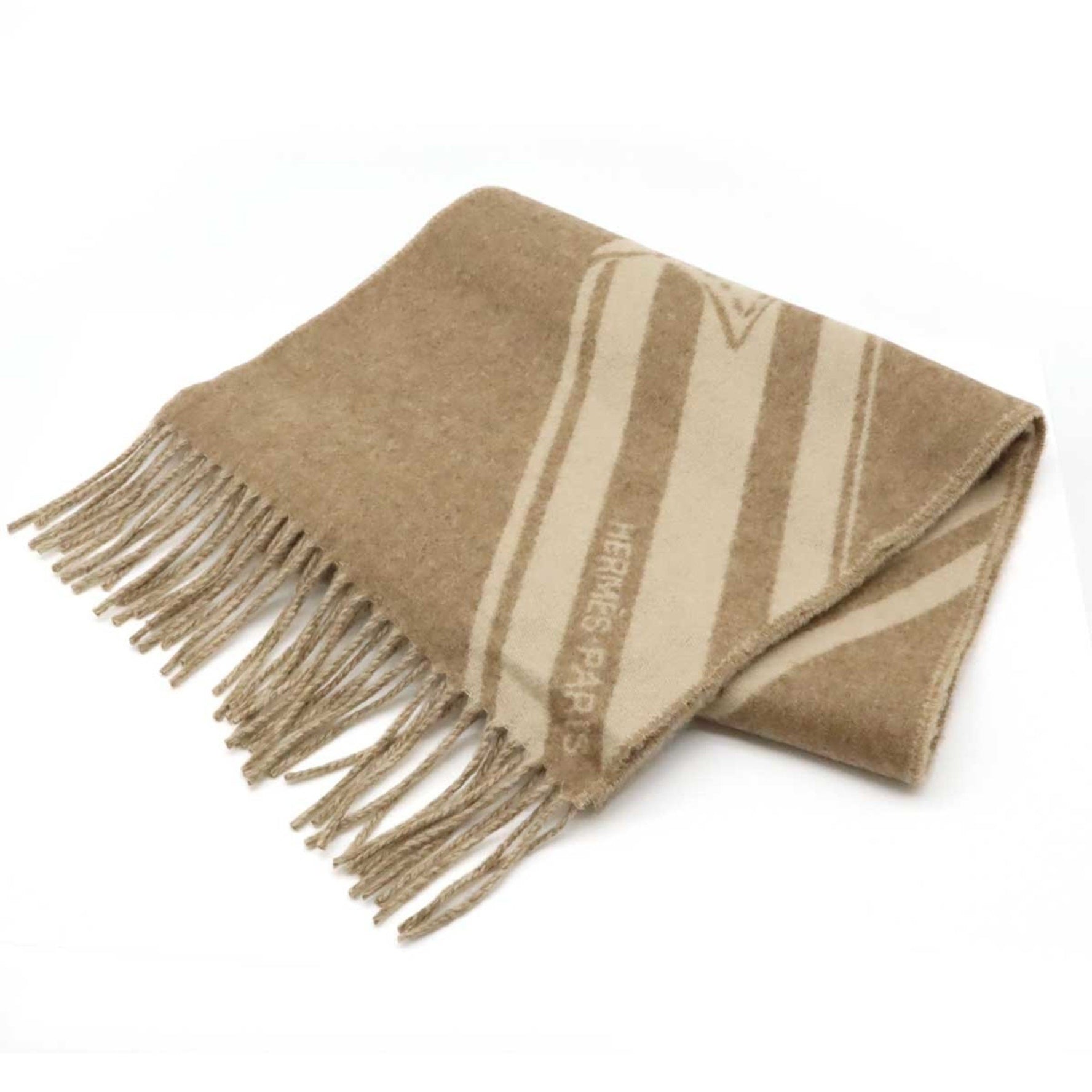 HERMES Scarf "Zigzag Sangle" 100% Cashmere Brown Beige