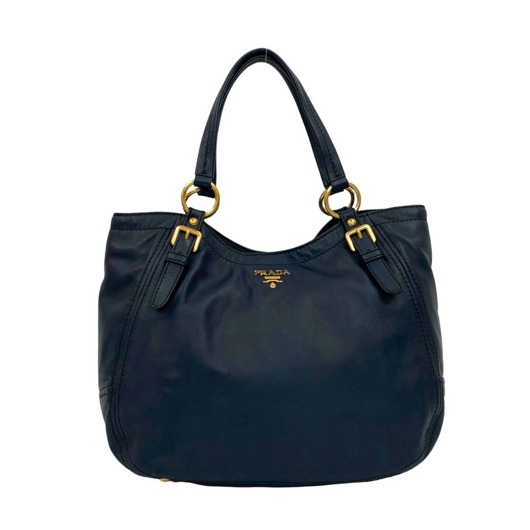 PRADA Gold Logo Hardware Leather Genuine Tote Bag Handbag Semi-Shoulder Blue 33-10