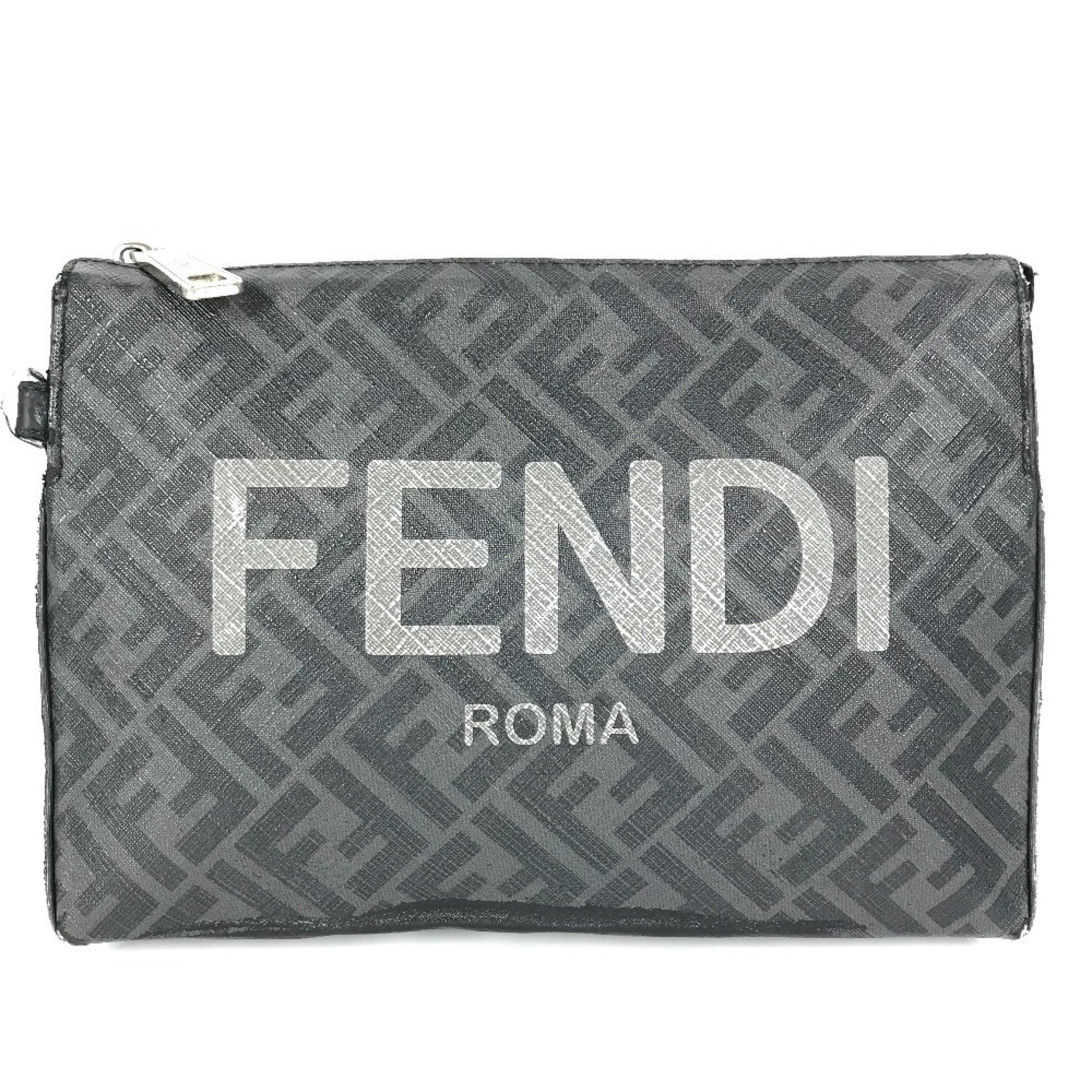 FENDI Logo Zucca Pouch Bag Clutch Leather Men's Black