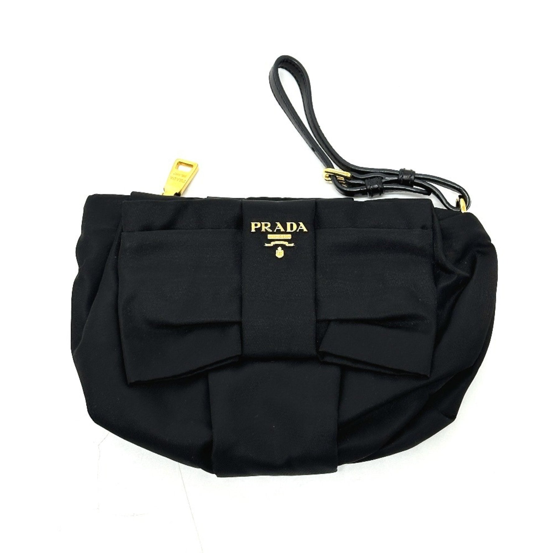 PRADA Logo Ribbon Strap Pouch Small Items Multi-Pouch Accessory Leather Nylon