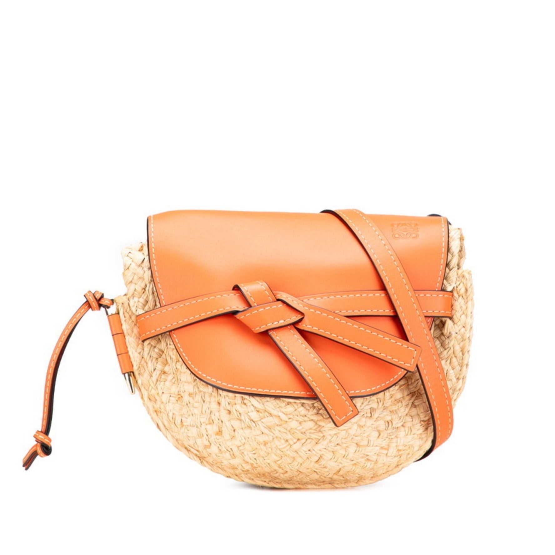 LOEWE Anagram Gate Bag, Small, Crossbody Shoulder Orange, Beige, Raffia, Leather