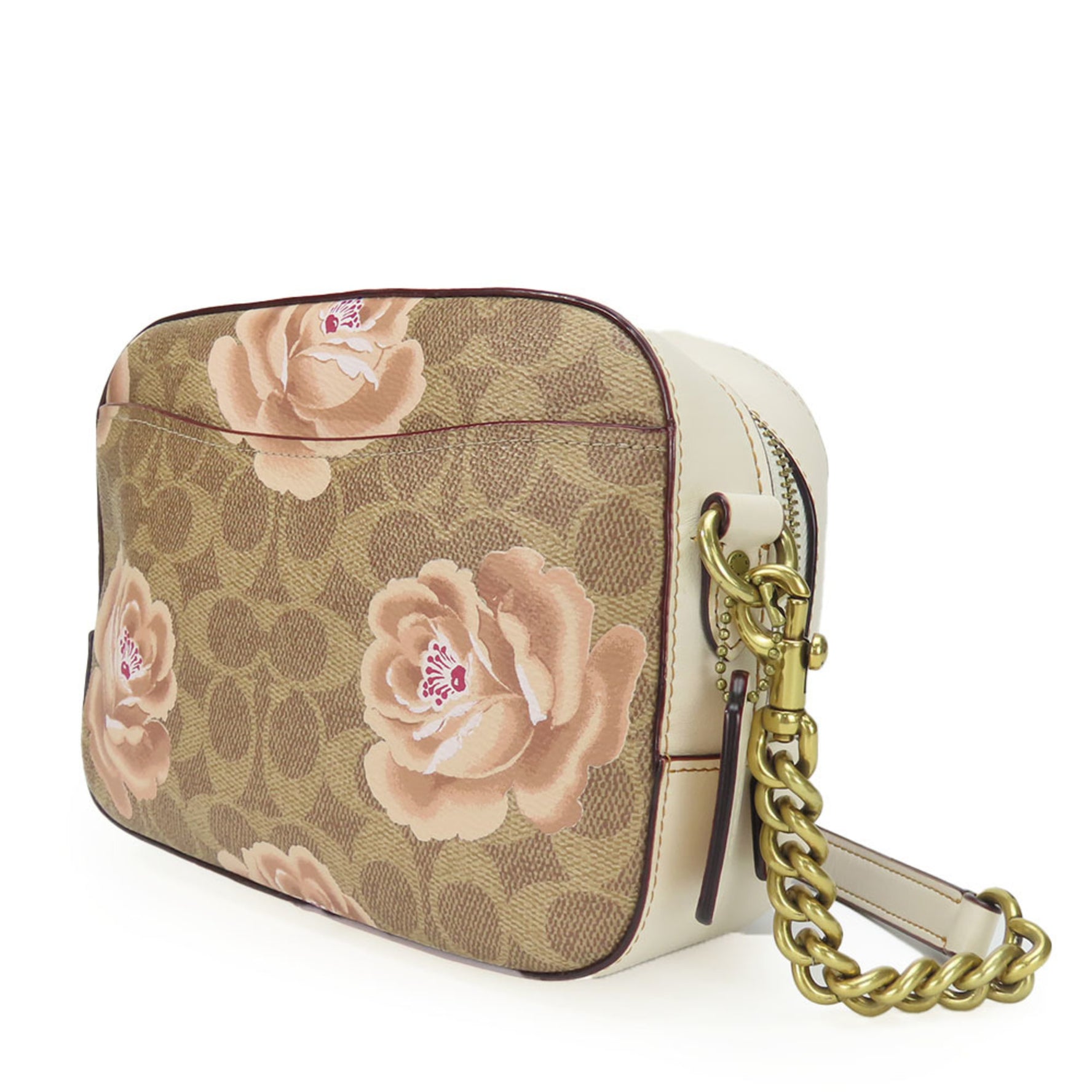 Coach Shoulder Bag Signature Leather Beige Ivory Flower Motif Camera