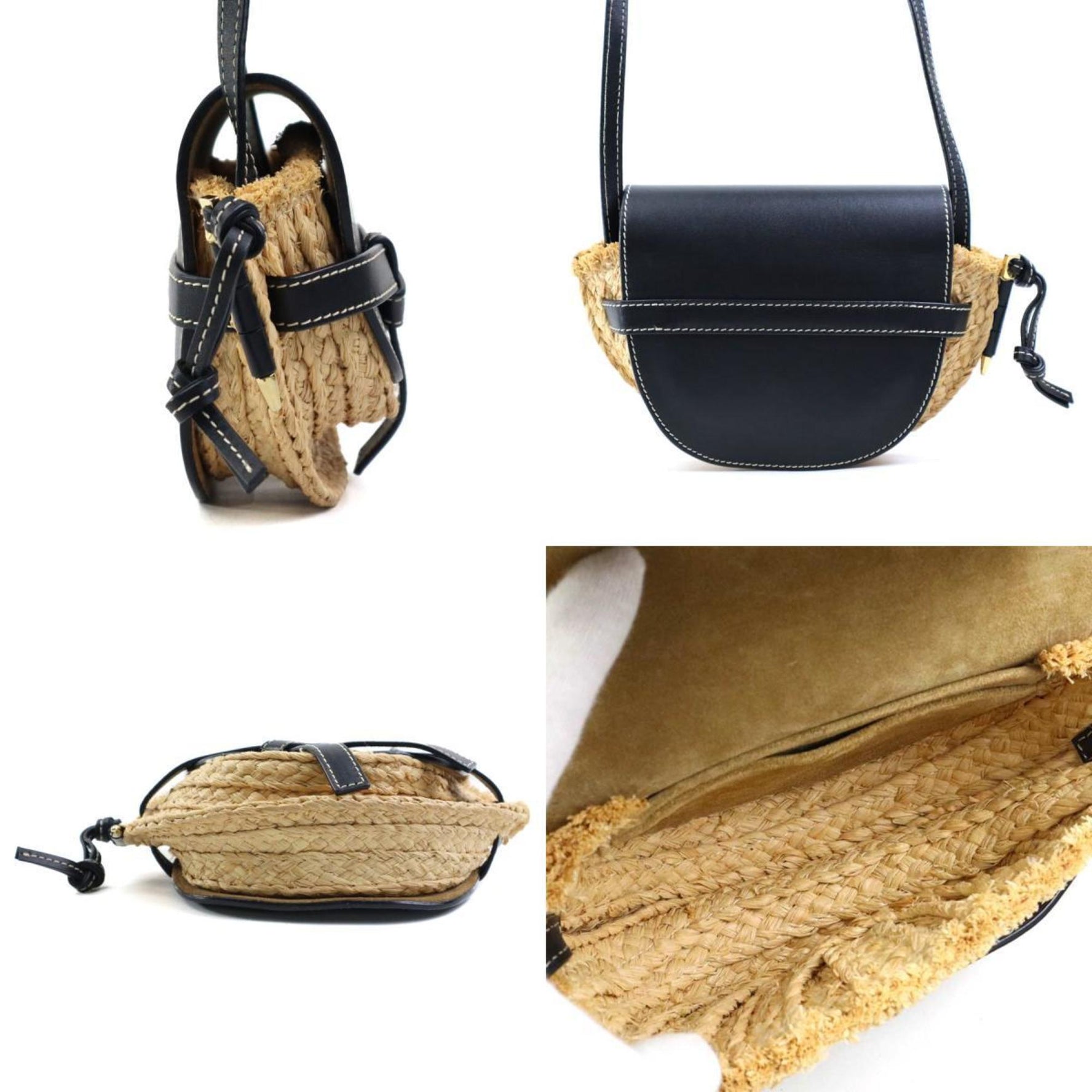 LOEWE Shoulder Bag Gate Raffia Leather Beige Black Gold
