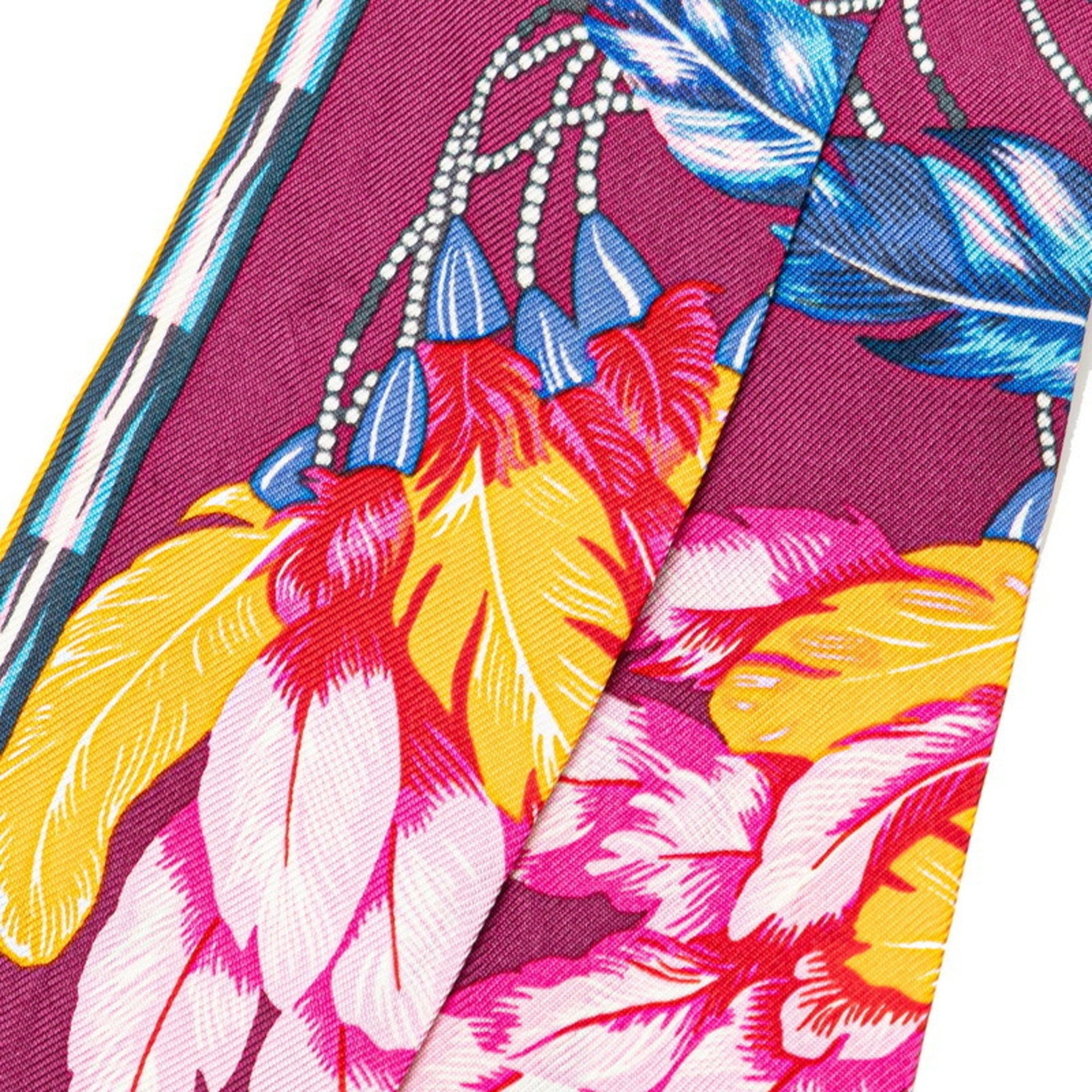 Hermes Twilly Brazil Feather Scarf Muffler Orange Multicolor Silk