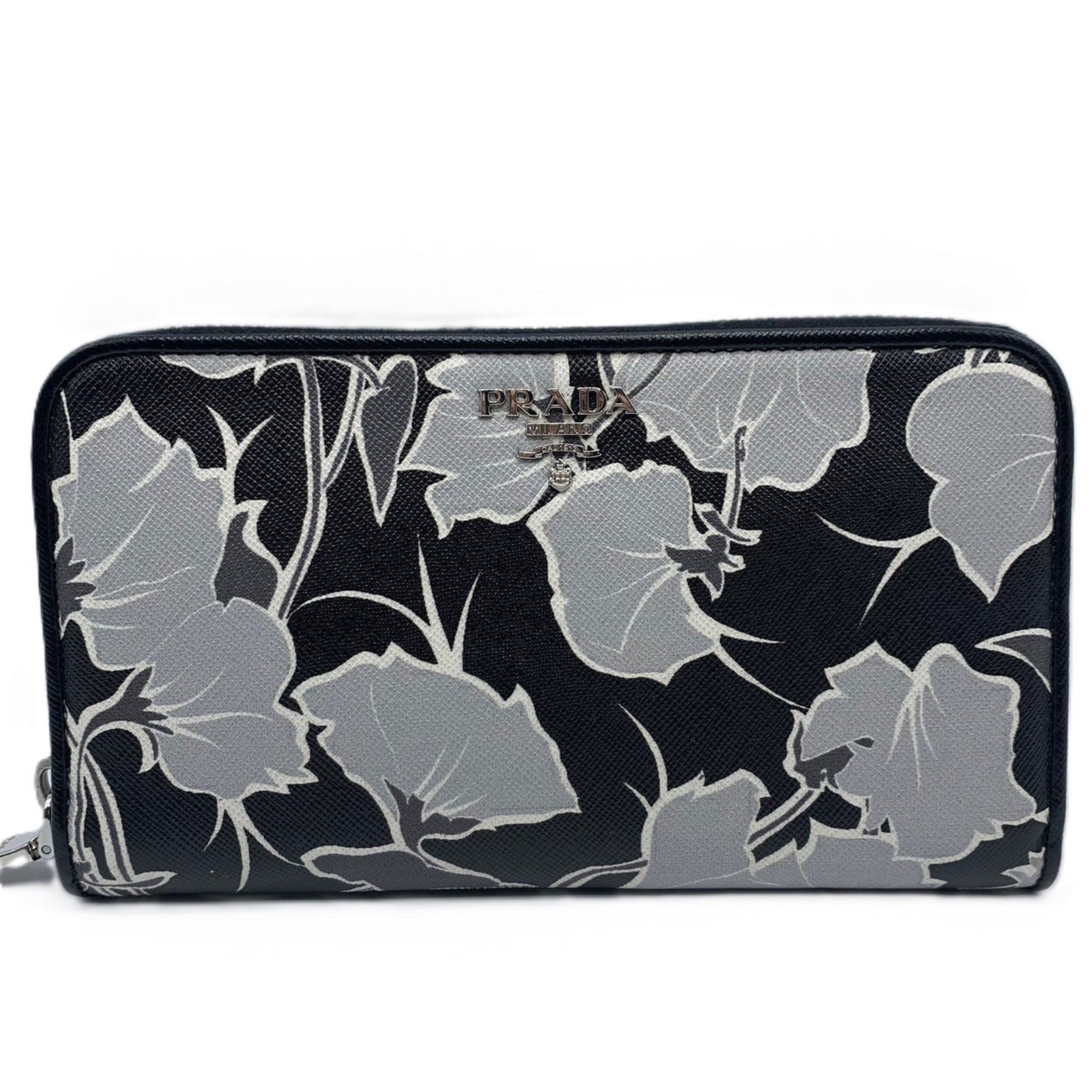 Prada Saffiano Print Round Long Wallet Black x Grey
