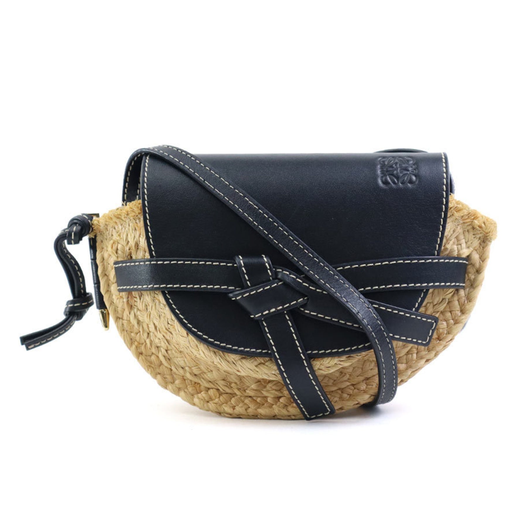 LOEWE Shoulder Bag Gate Raffia Leather Beige Black Gold