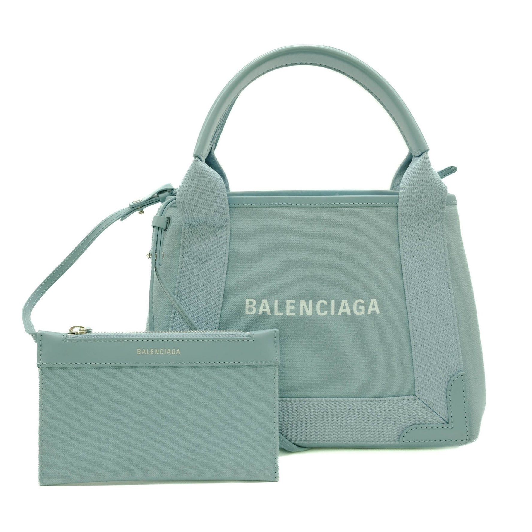 BALENCIAGA Navy Cabas XS Tote Bag Leather Canvas Light Blue