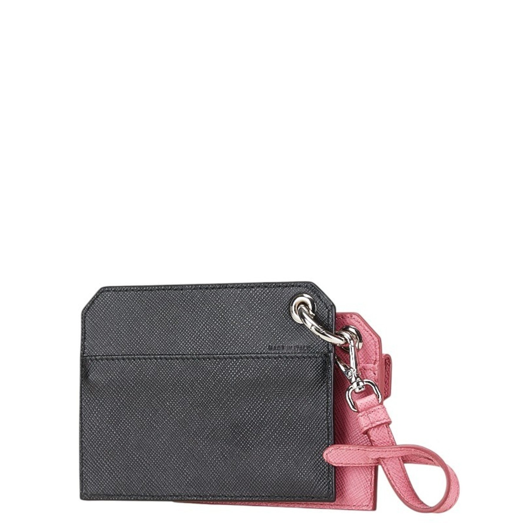 Prada Dog Illustration Card Case Coin Black Pink Saffiano Leather