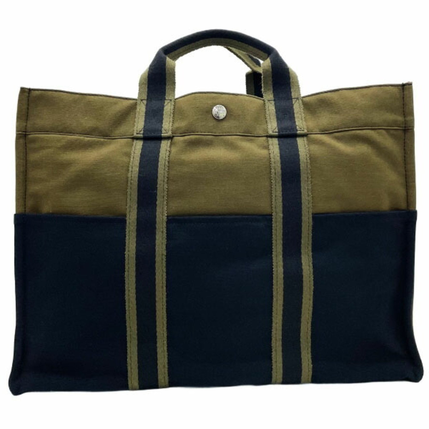 Hermes Tote Bag Foule MM Canvas Khaki Green Black Bicolor Handbag Unisex