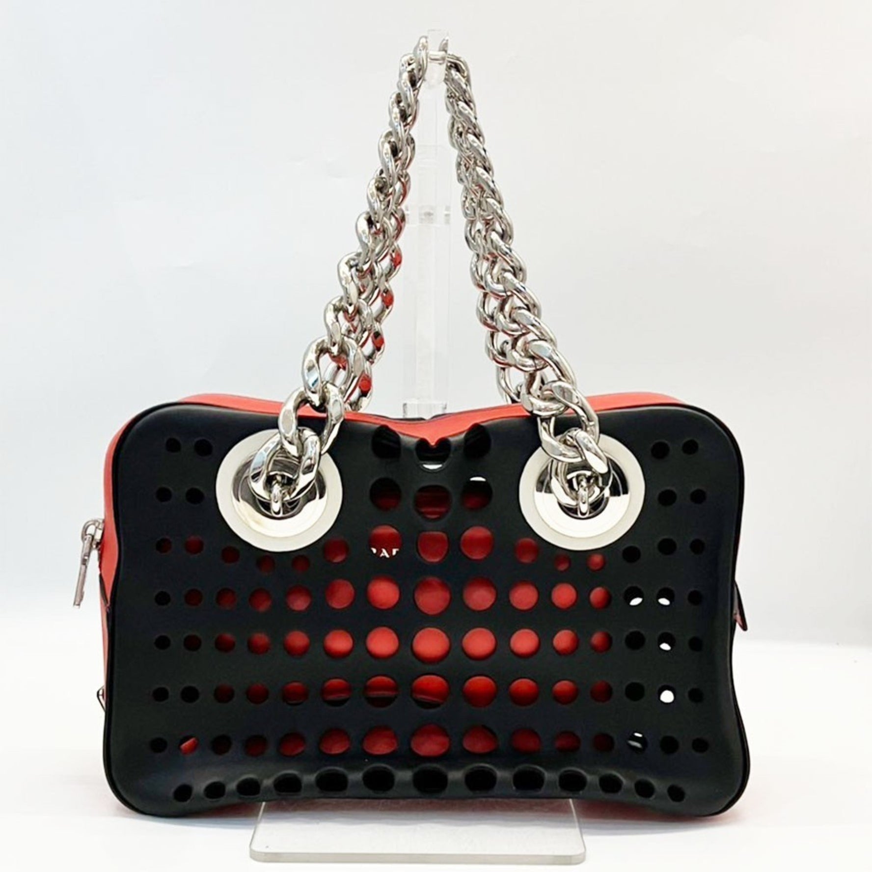 Prada Bag Punching Chain Shoulder Tote Leather Bicolor