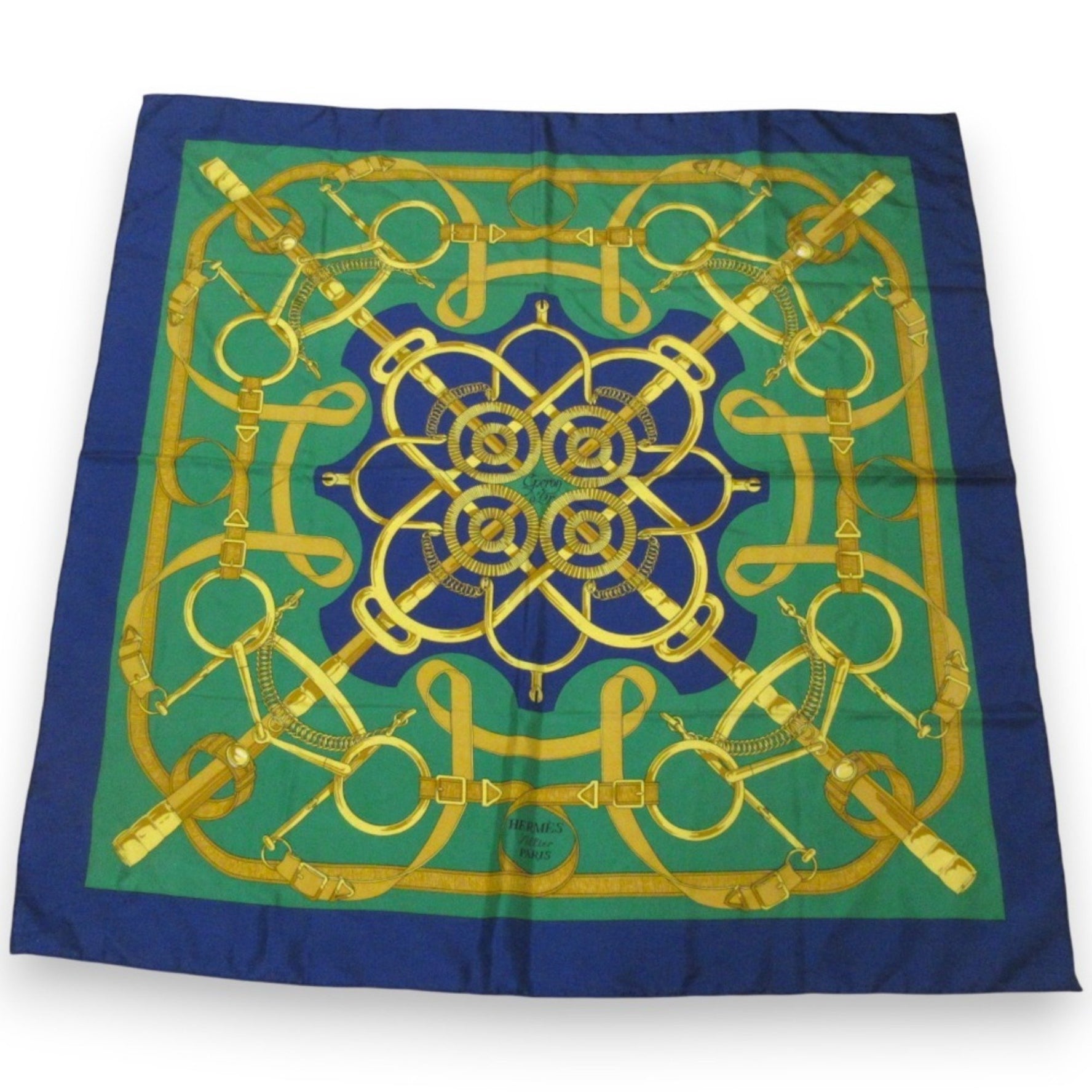 HERMES Carré 90 Apron d'Or Golden Spur 100% Silk Scarf/Muffler Green/Gold/Navy