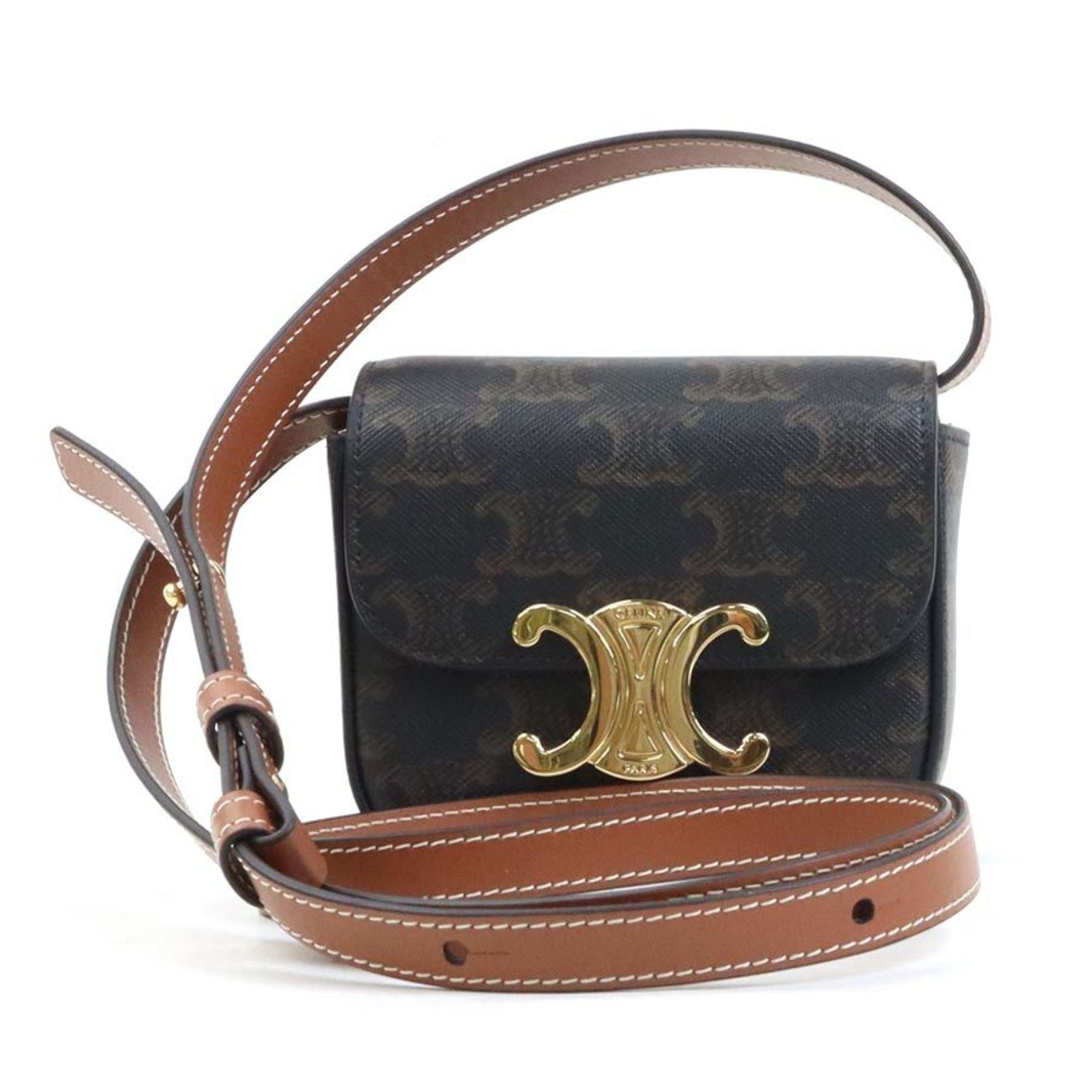 Celine Triomphe Mini Claude Shoulder Bag in and Gold Leather