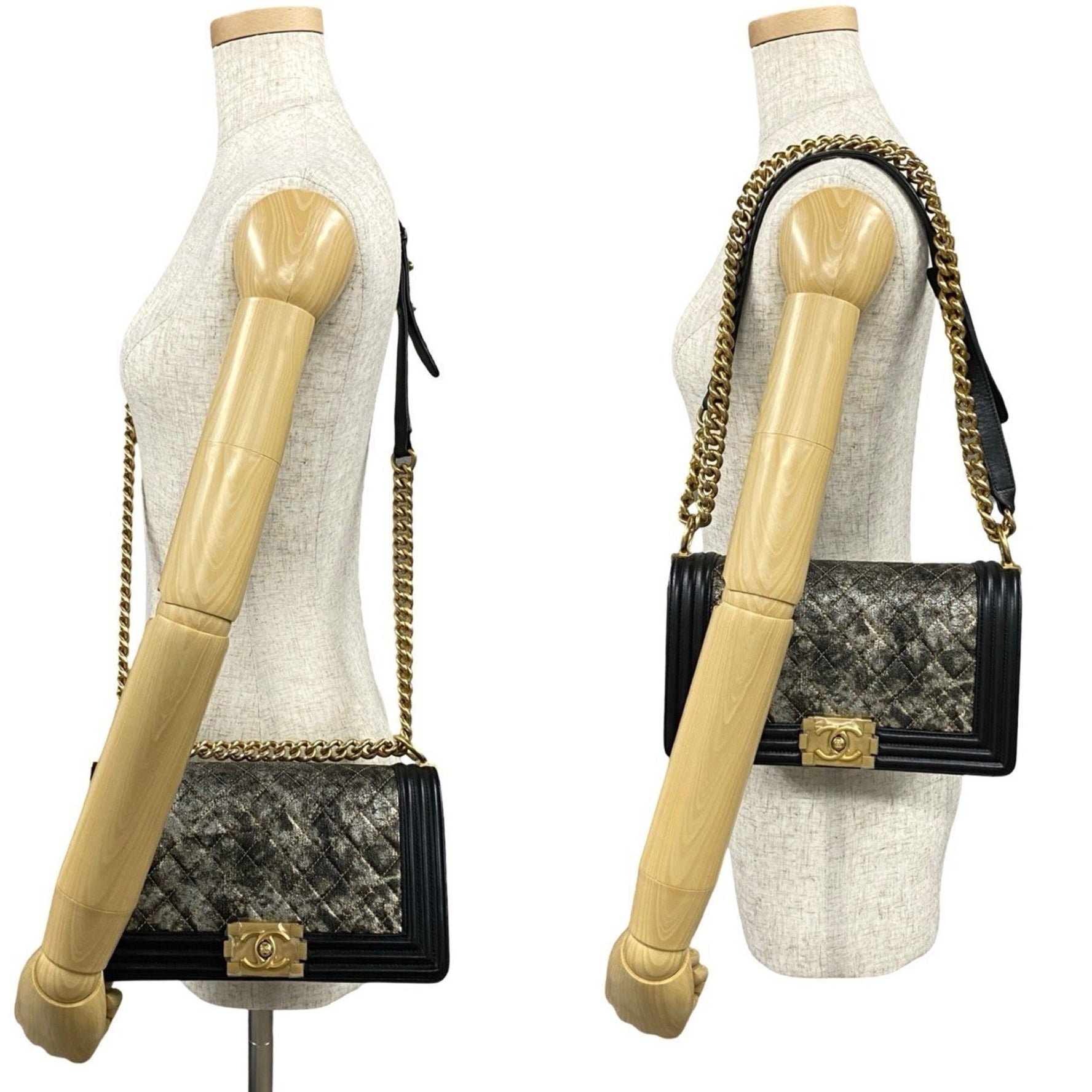 CHANEL Boy Quilted Metallic Leather Shoulder Bag in