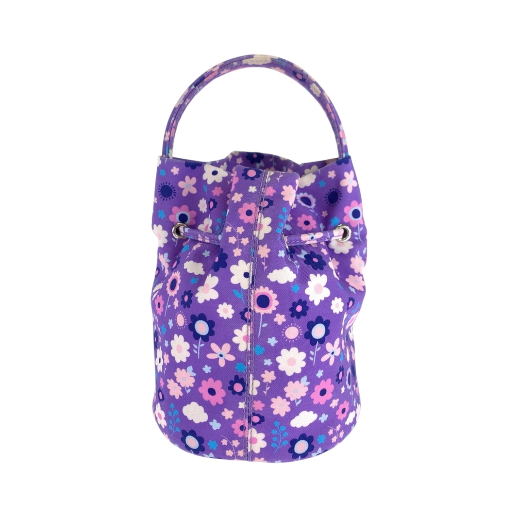 BALENCIAGA Drawstring Bucket Bag Flower Purple Multicolor Silver Hardware Ikat Nylon Canvas Shoulder Handbag