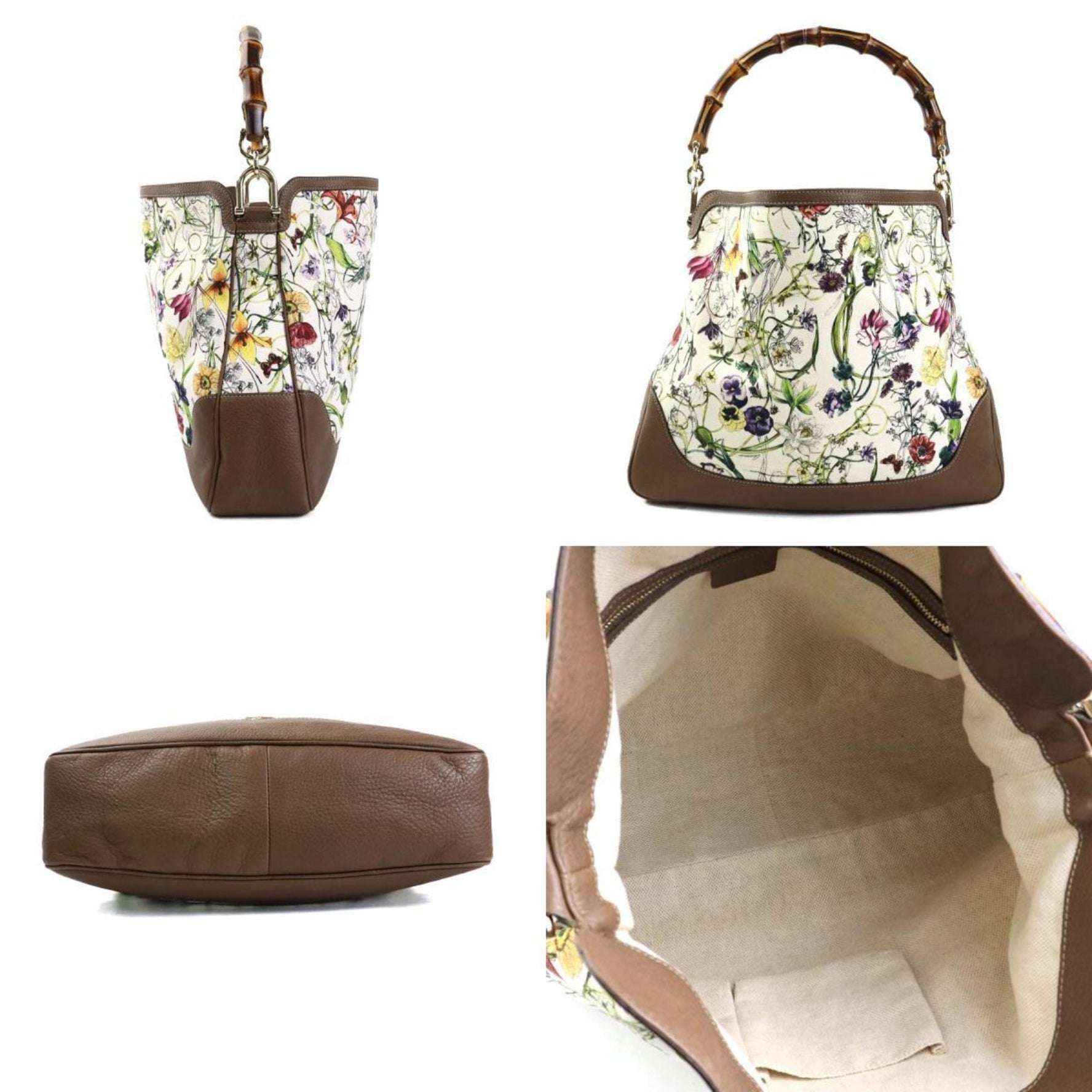GUCCI Handbag Shoulder Bag Bamboo Flora Canvas Leather Brown x Ivory Multicolor