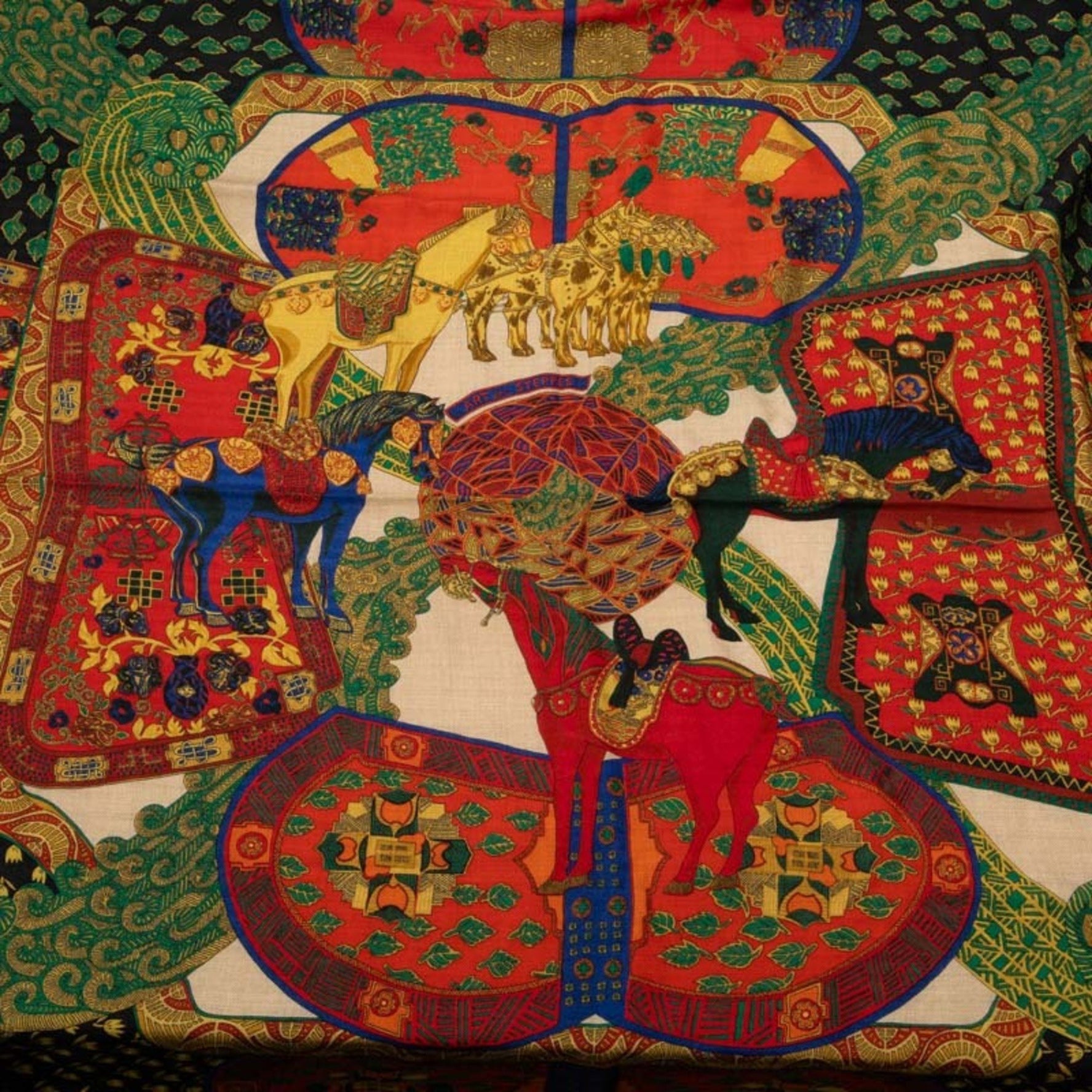 Hermes Large Scarf Black Multicolor Cashmere Silk