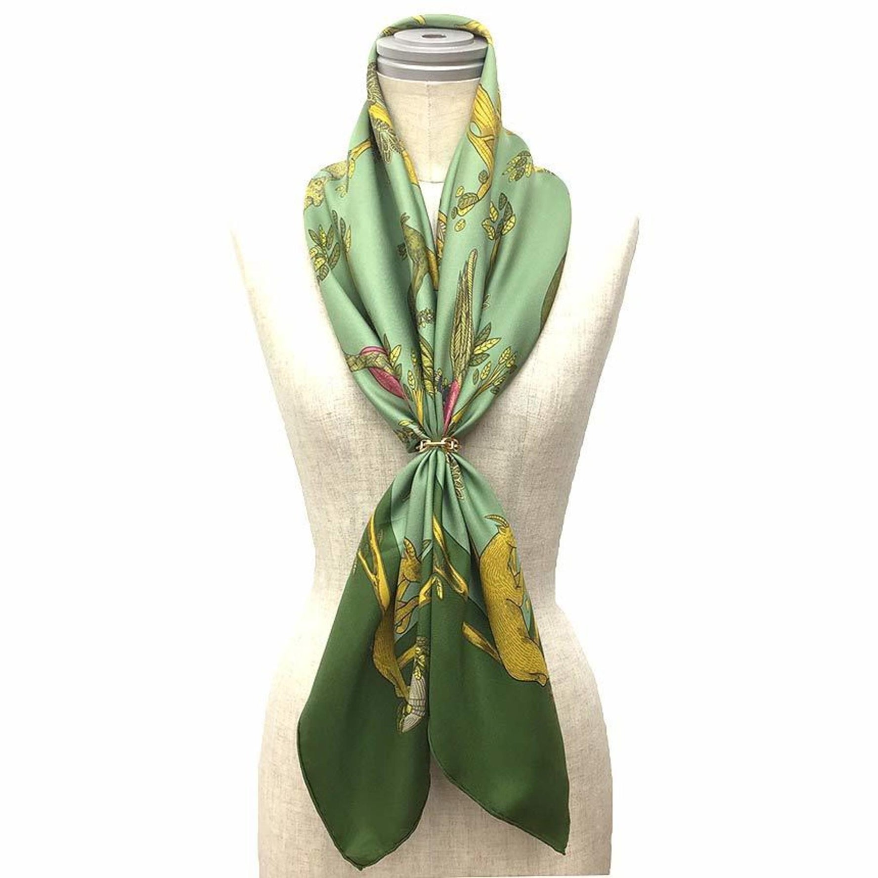 HERMES Carre 90 Scarf Muffler ANIMAL ALPHABET Animal Alphabet Forest Animals Khaki Green