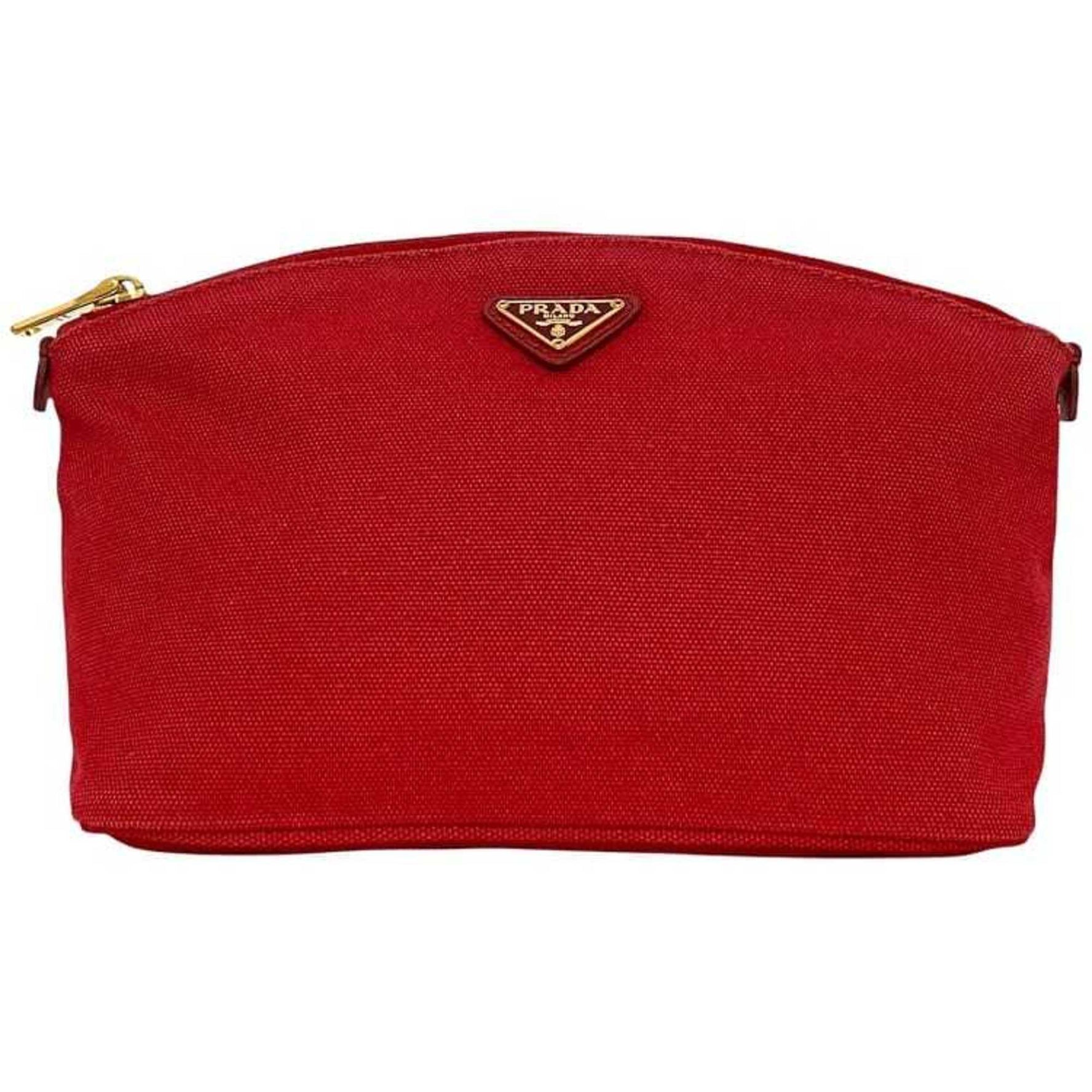 Prada Canapa Pouch Red ROSSO Canvas Leather 42 Triangle Plate