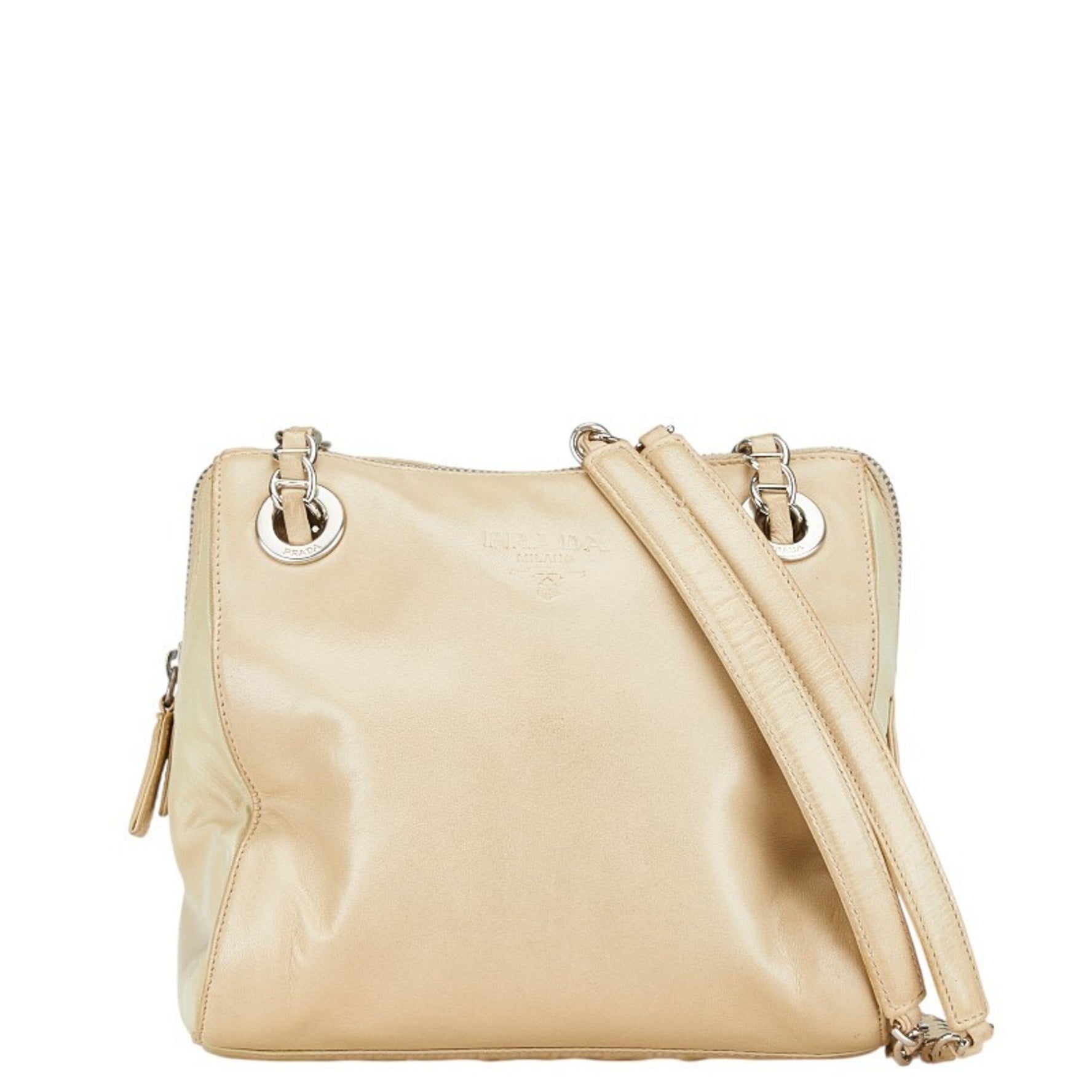 Prada Chain Shoulder Bag B4590 Beige Lino Leather Nylon Women's PRADA