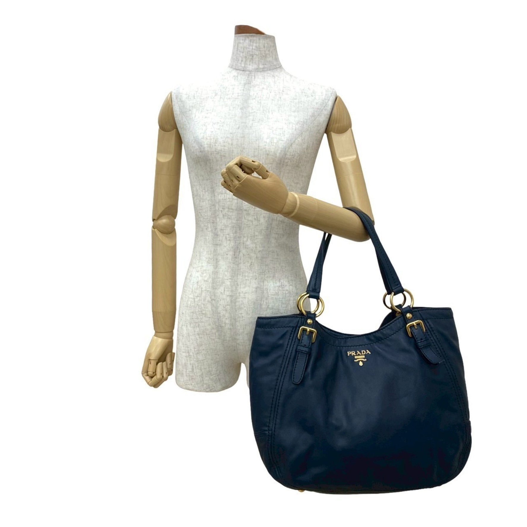 PRADA Gold Logo Hardware Leather Genuine Tote Bag Handbag Semi-Shoulder Blue 33-10