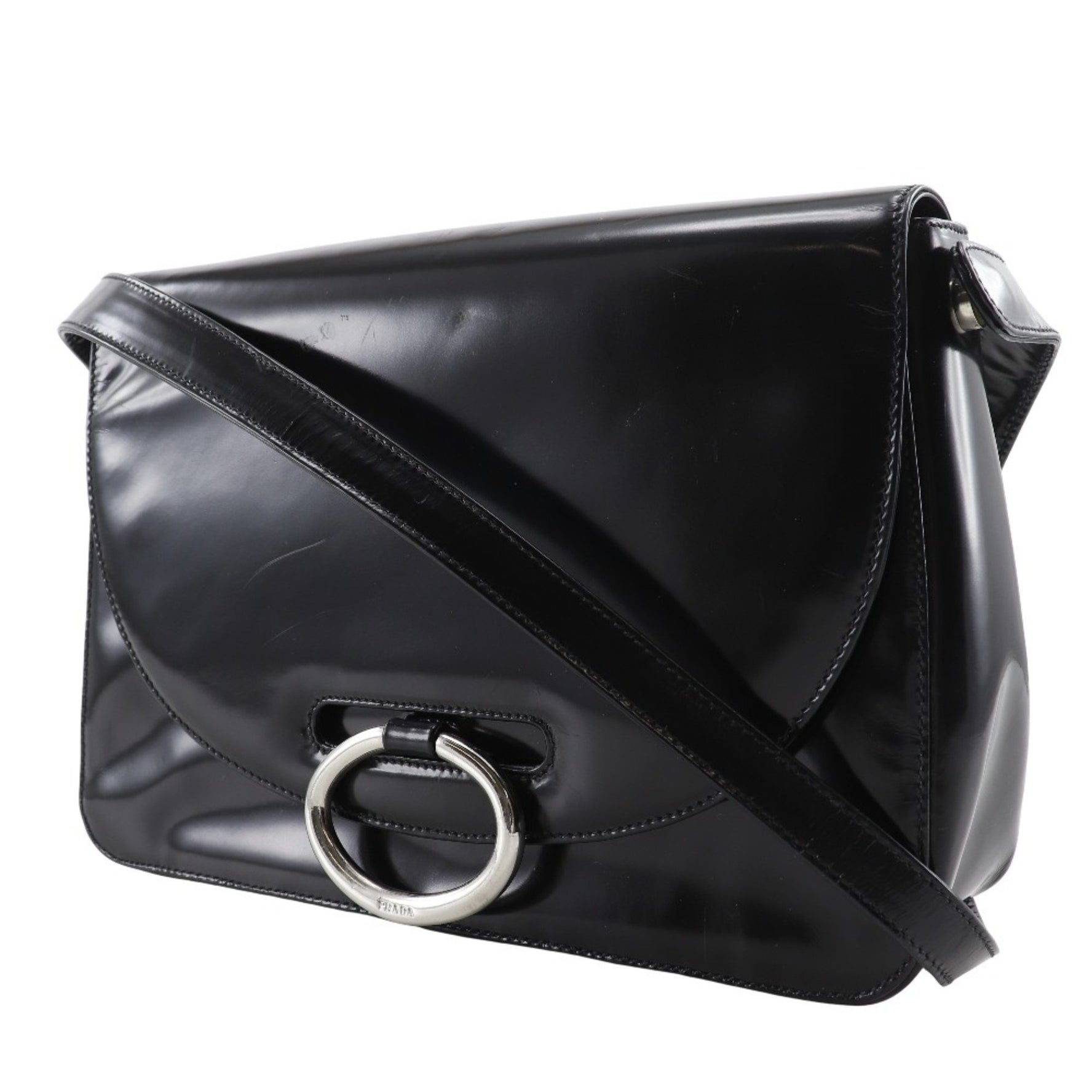 PRADA Patent Leather Flap Shoulder Bag One Belt