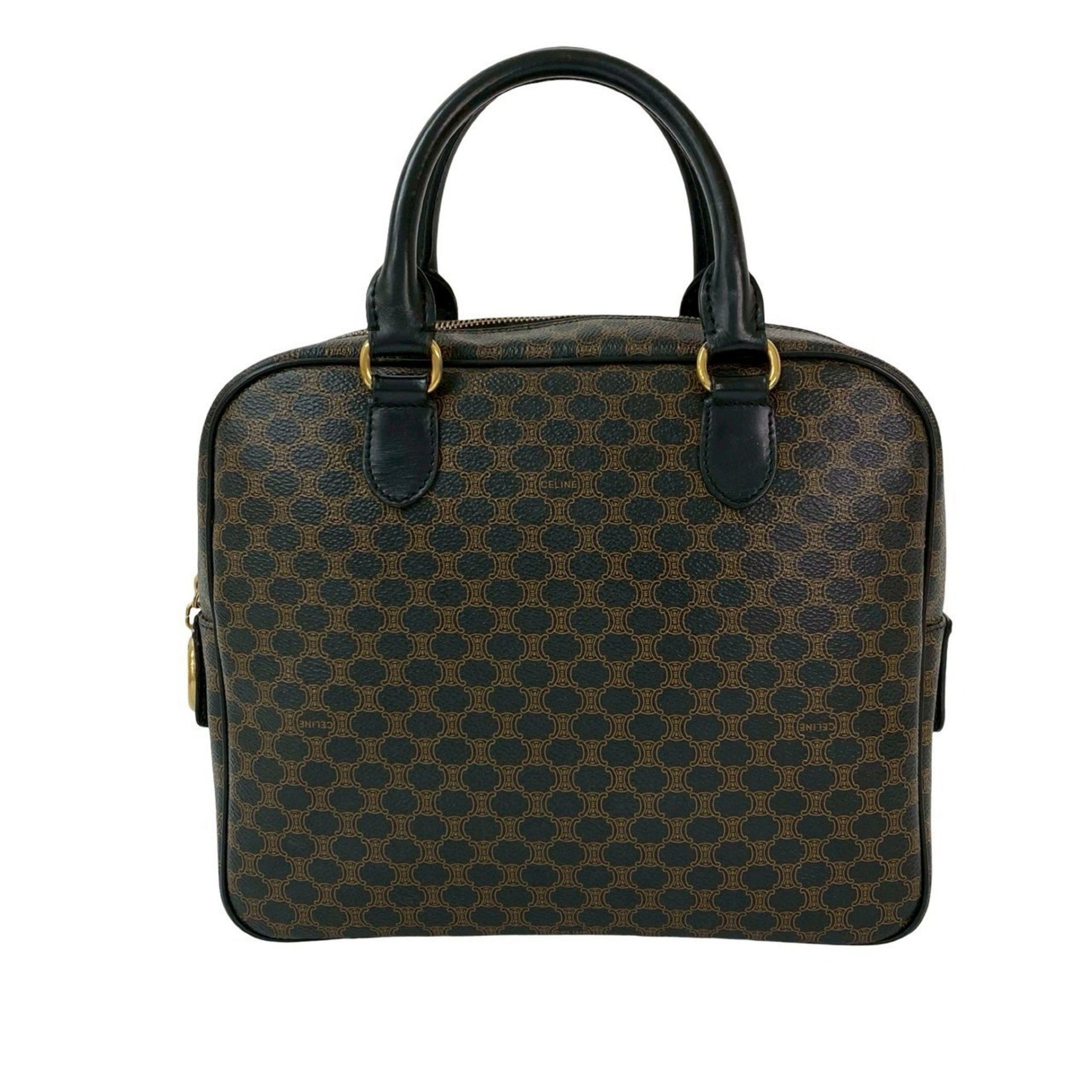 CELINE Vintage Macadam Blason Leather Handbag/Mini Boston Bag in Brown and Black (477-6)