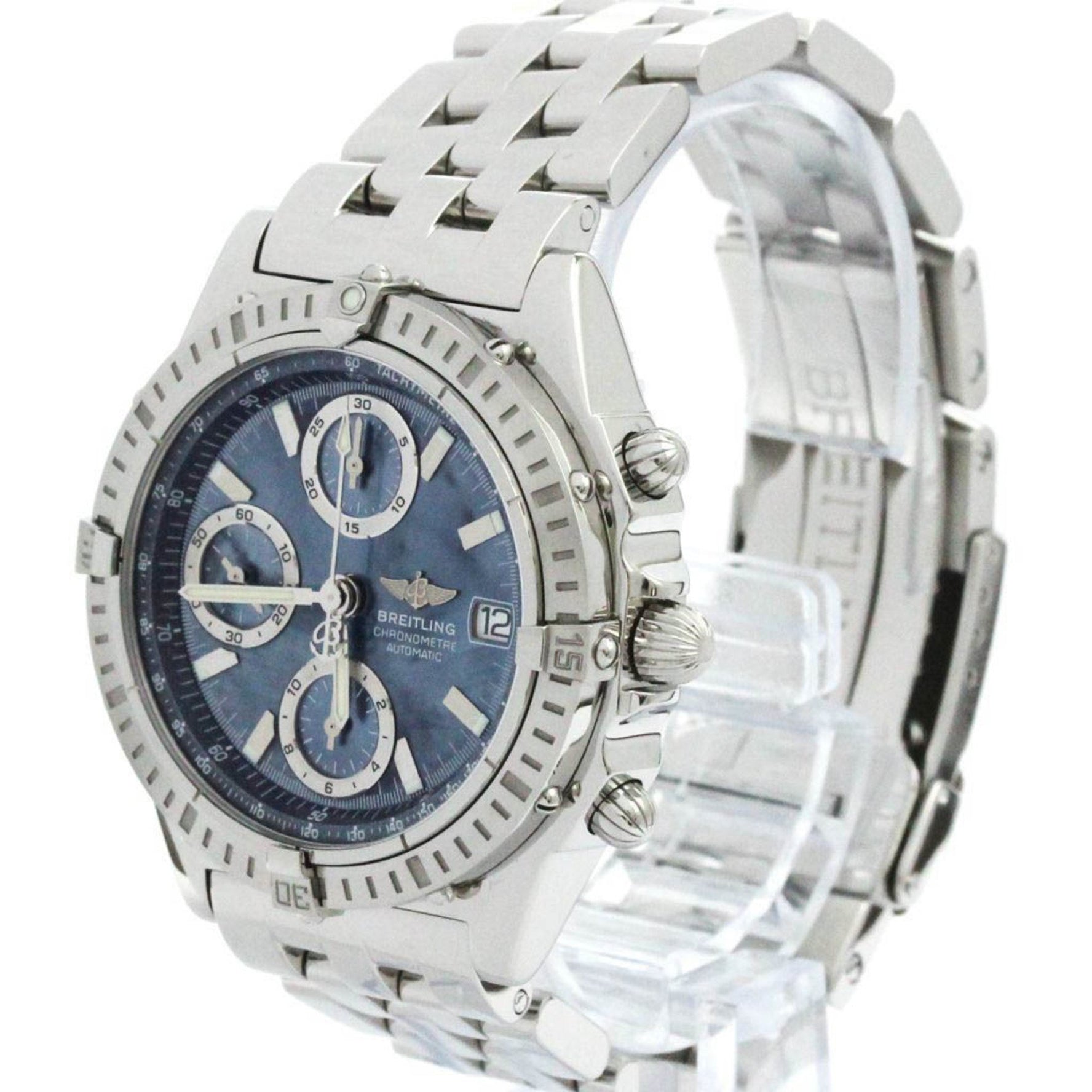 Polished BREITLING Chronomat Blue MOP Dial Steel Automatic Watch A13352 BF581996