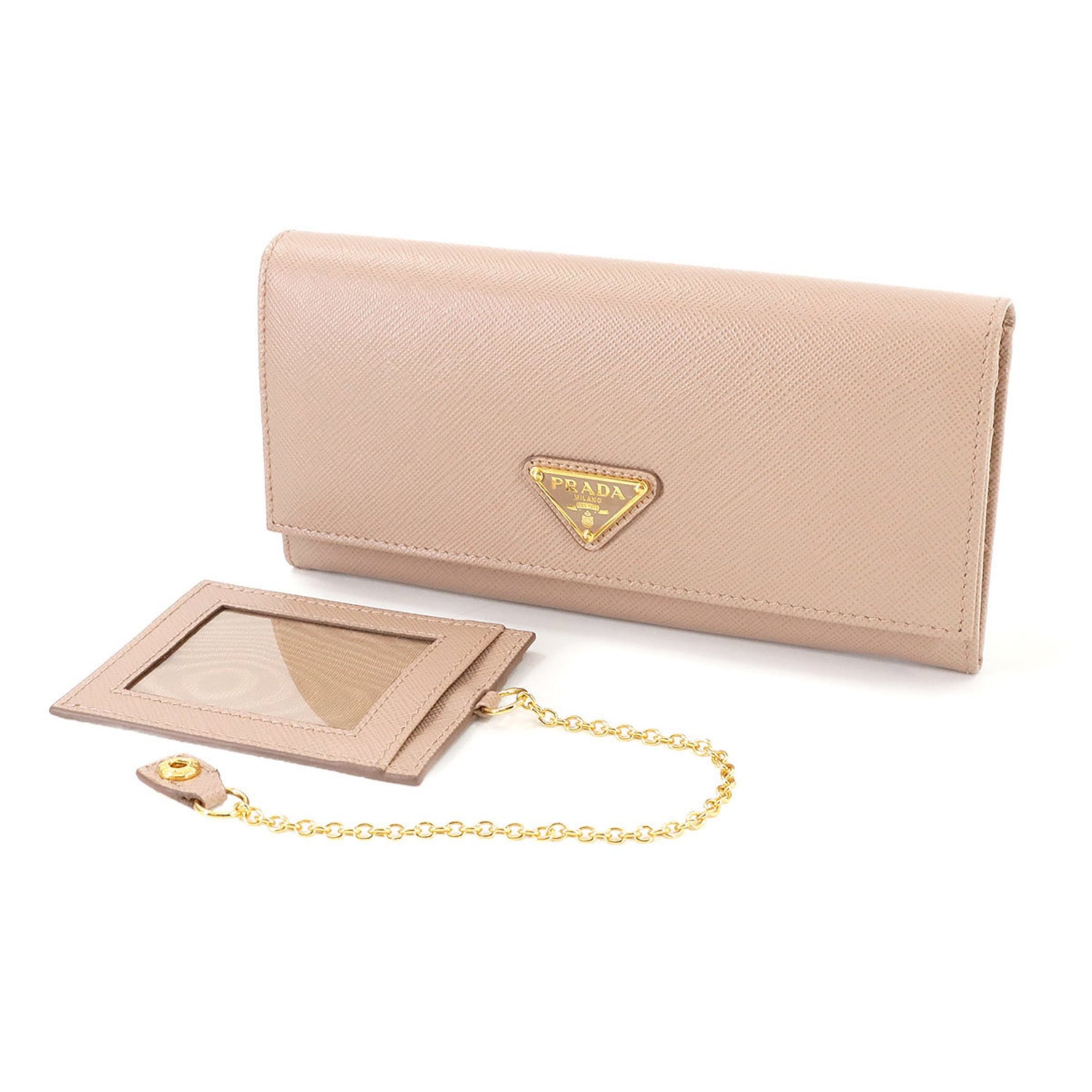 Prada Saffiano Bifold Long Wallet in Pink Beige Leather with Gold Hardware, 1MH132