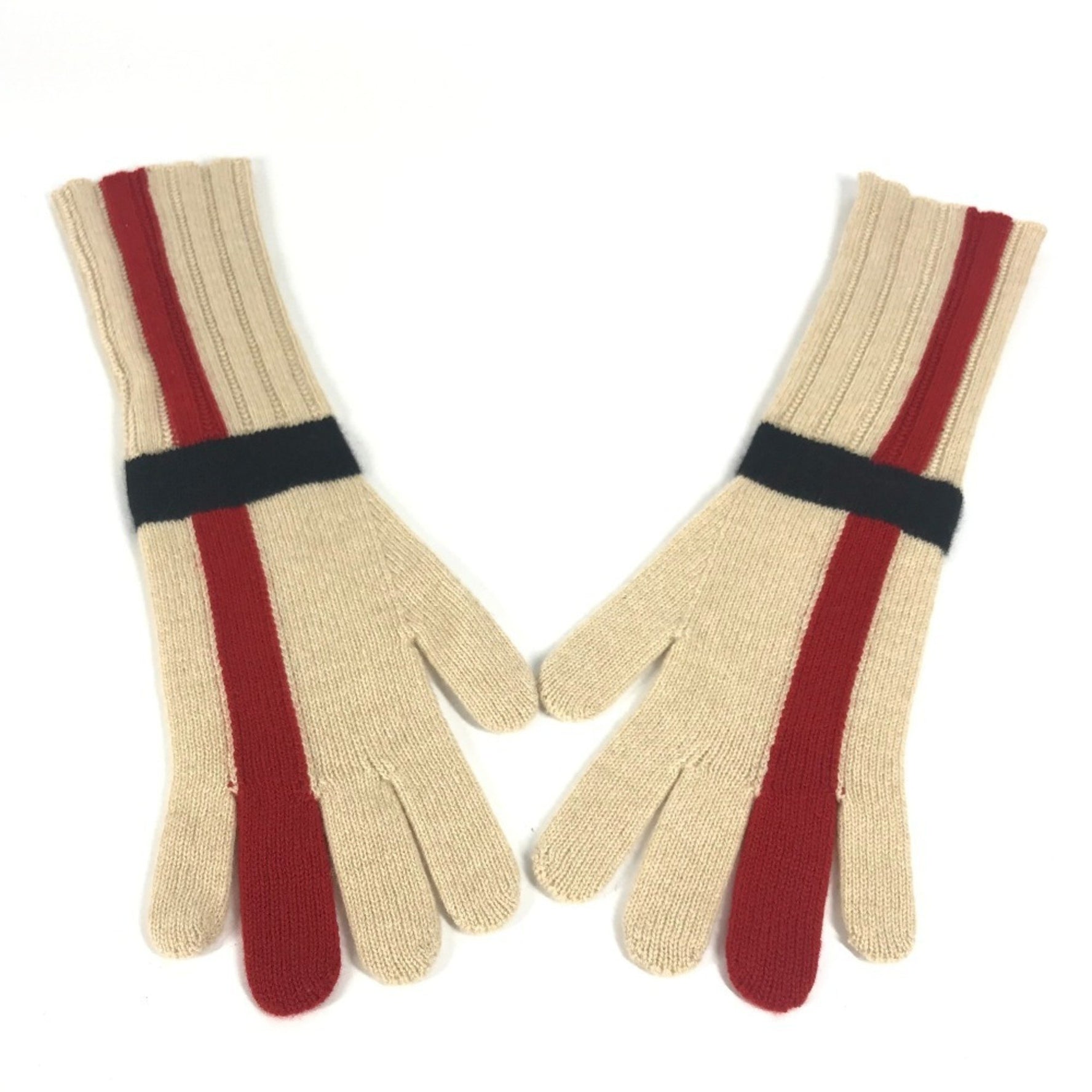 HERMES Striped Long Gloves, Cashmere, Beige