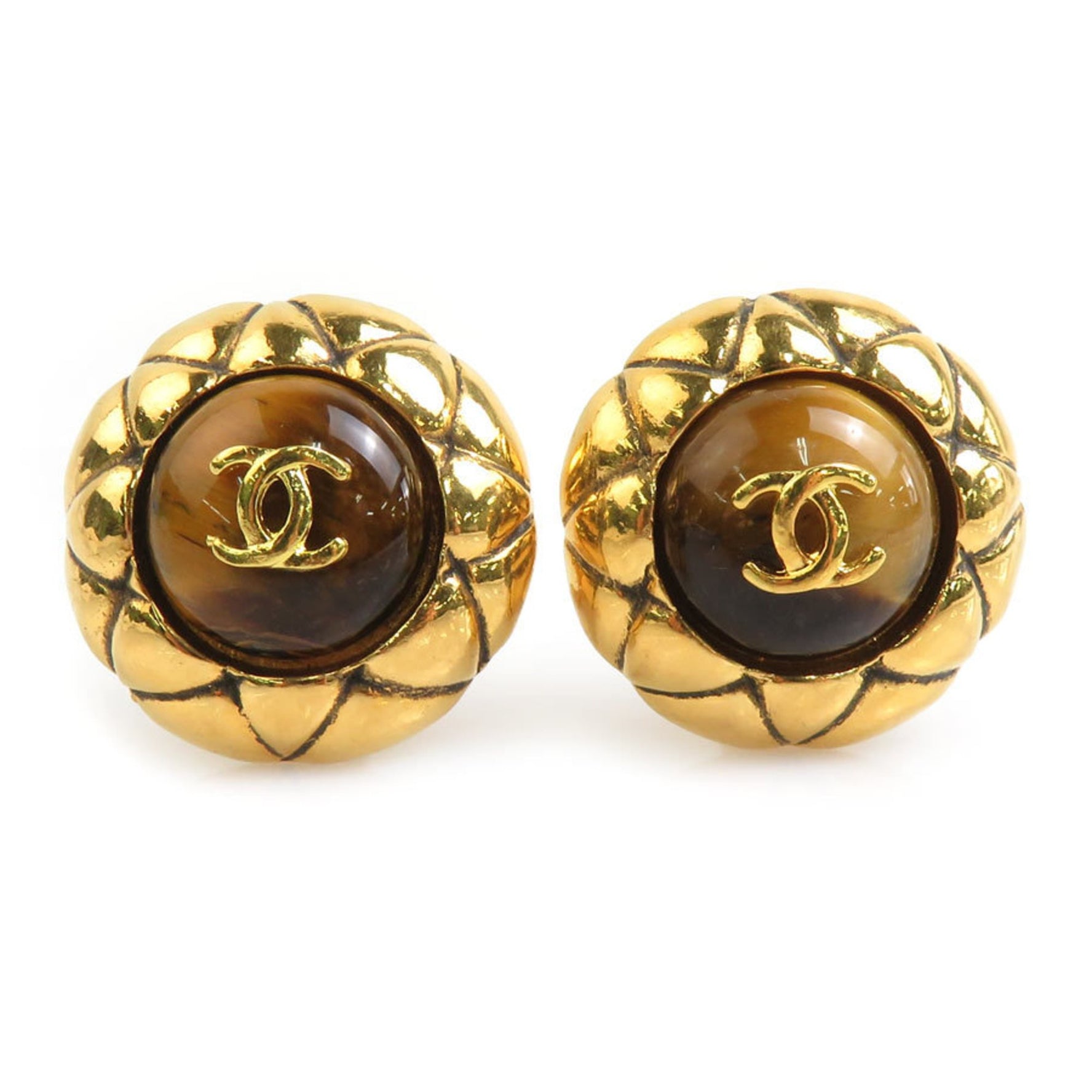 CHANEL Earrings Coco Mark Metal Stone Gold Brown