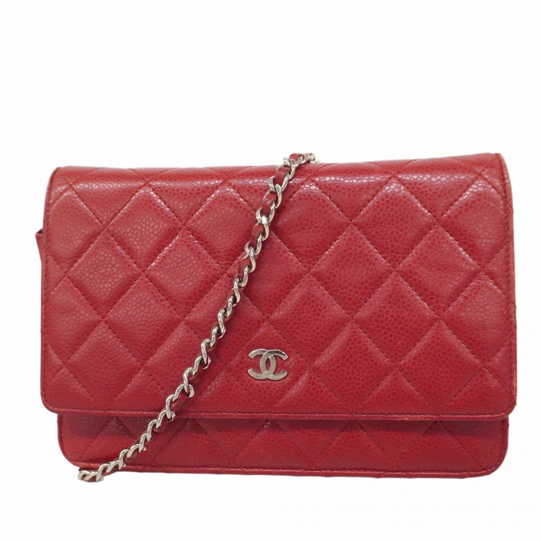 Chanel Matelasse Shoulder Wallet with Chain Bag in Caviar Leather, Red