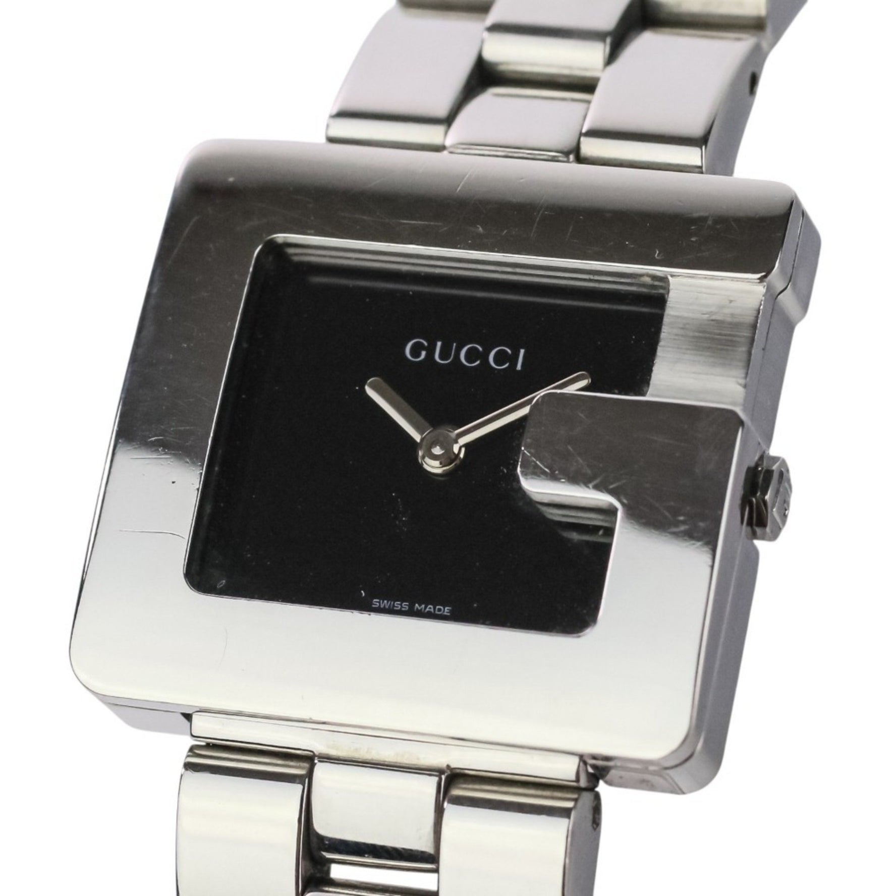 GUCCI G Logo Square Watch, Quartz Movement, Black Dial, Stainless Steel, Silver Color