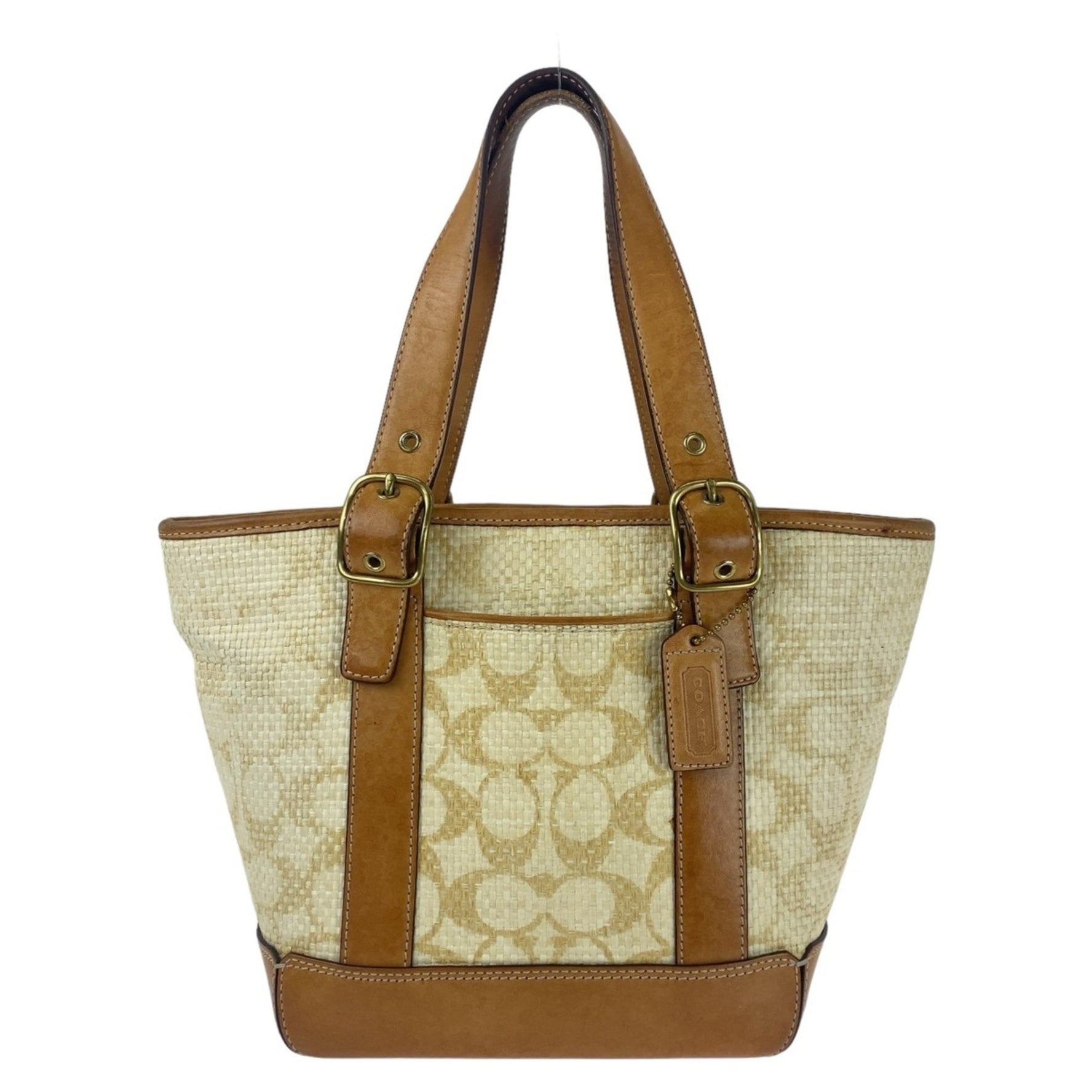 COACH Signature Light Brown Camel Beige Gold Hardware Straw Leather Tote Bag Shoulder Handbag