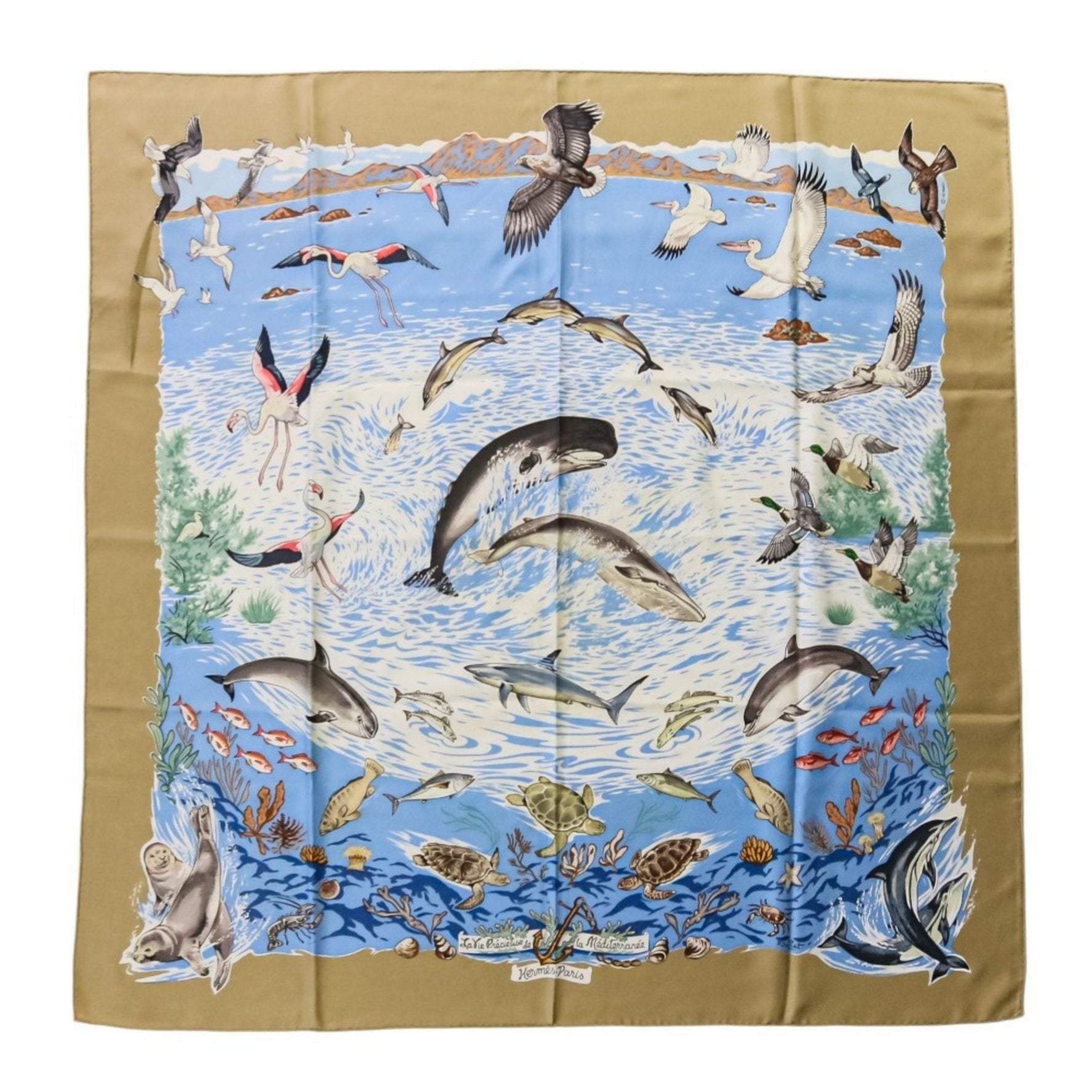 HERMES Carré 90 "Lavie Precieuse de la Mediterranee" (Precious Life of the Mediterranean) scarf/muffler in beige and blue