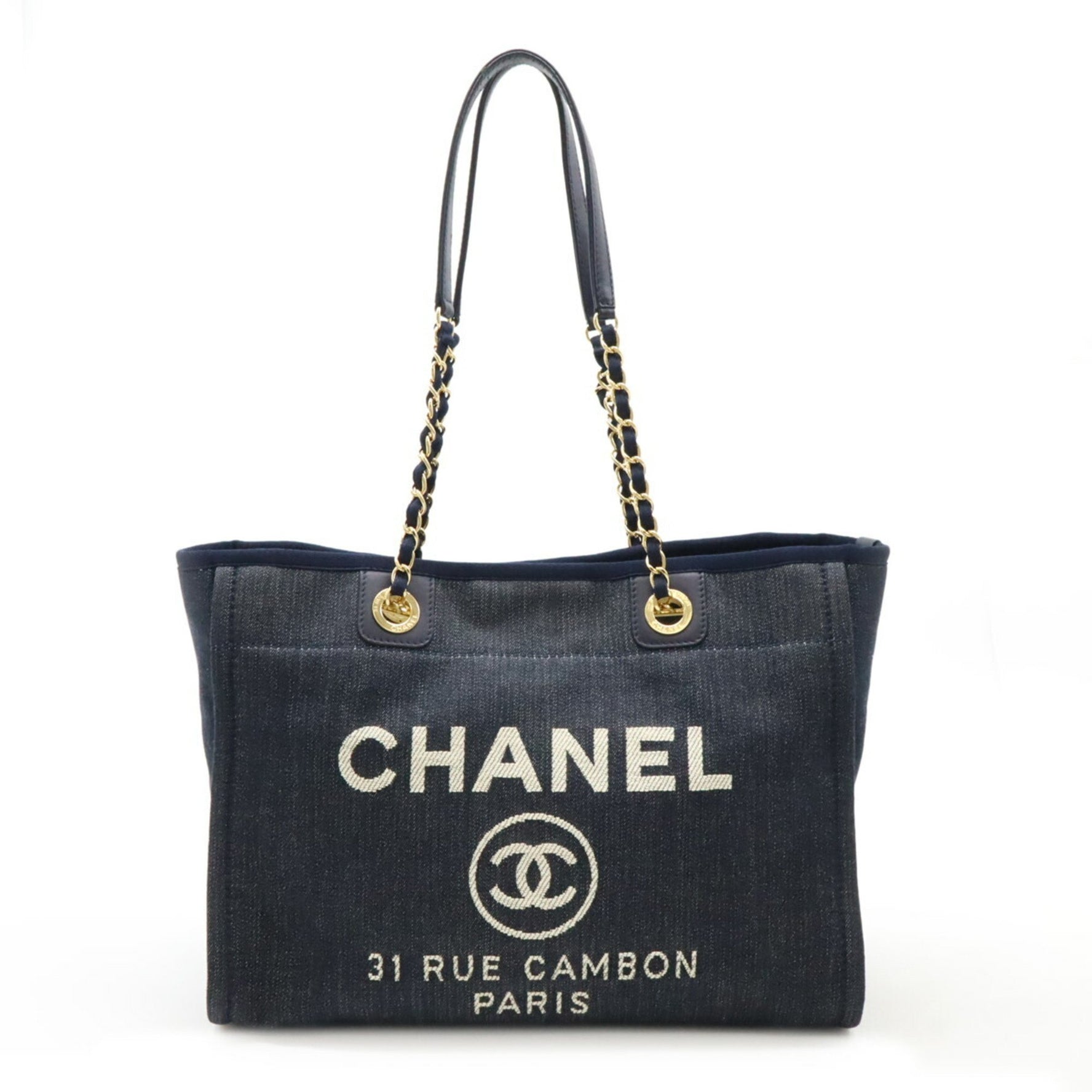 CHANEL Deauville Medium Tote MM Shoulder Bag with Chain Strap, Blue, Denim