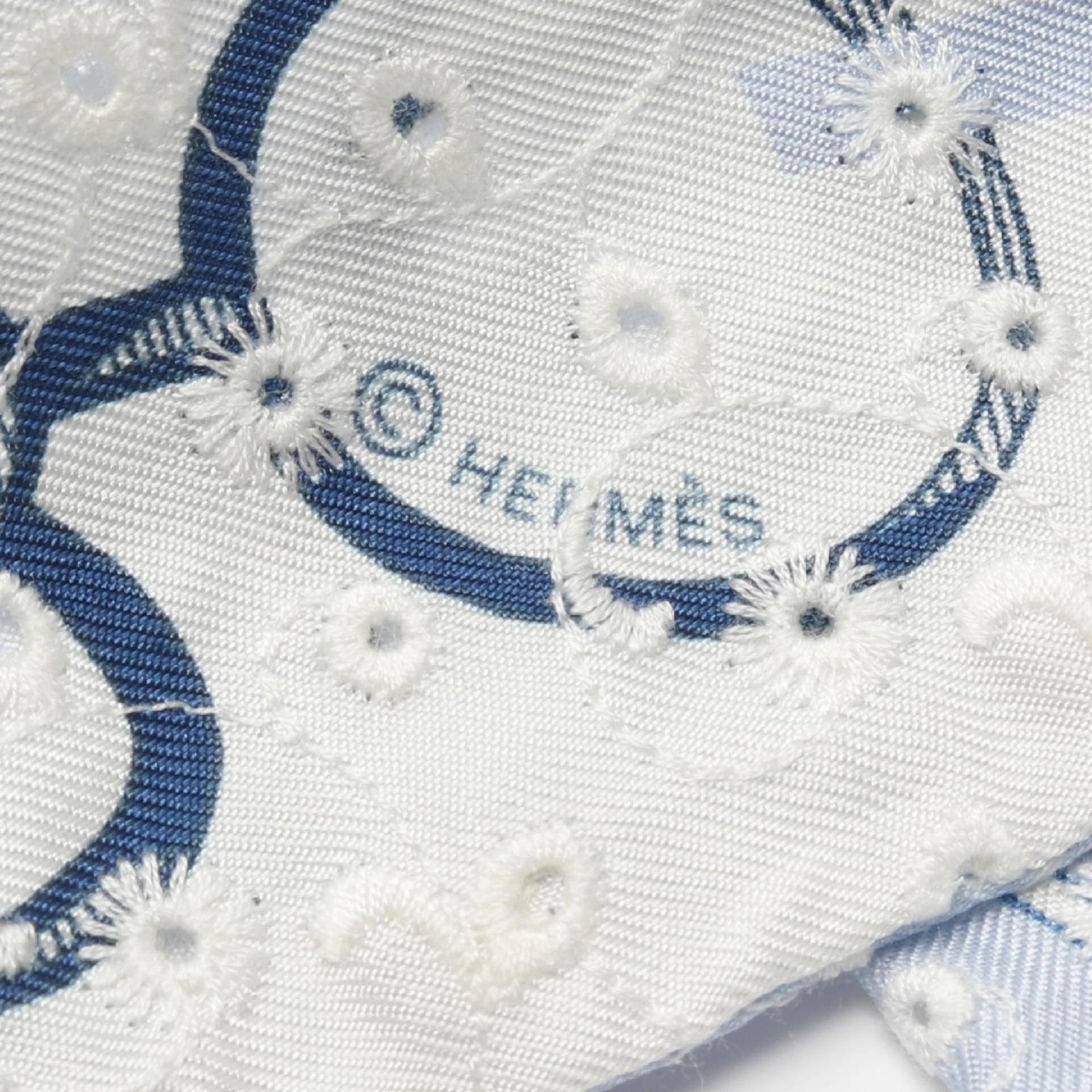 Hermes Hermès Twilly Do Re Boucles Broderie Anglaise Silk Scarf in Blue and White