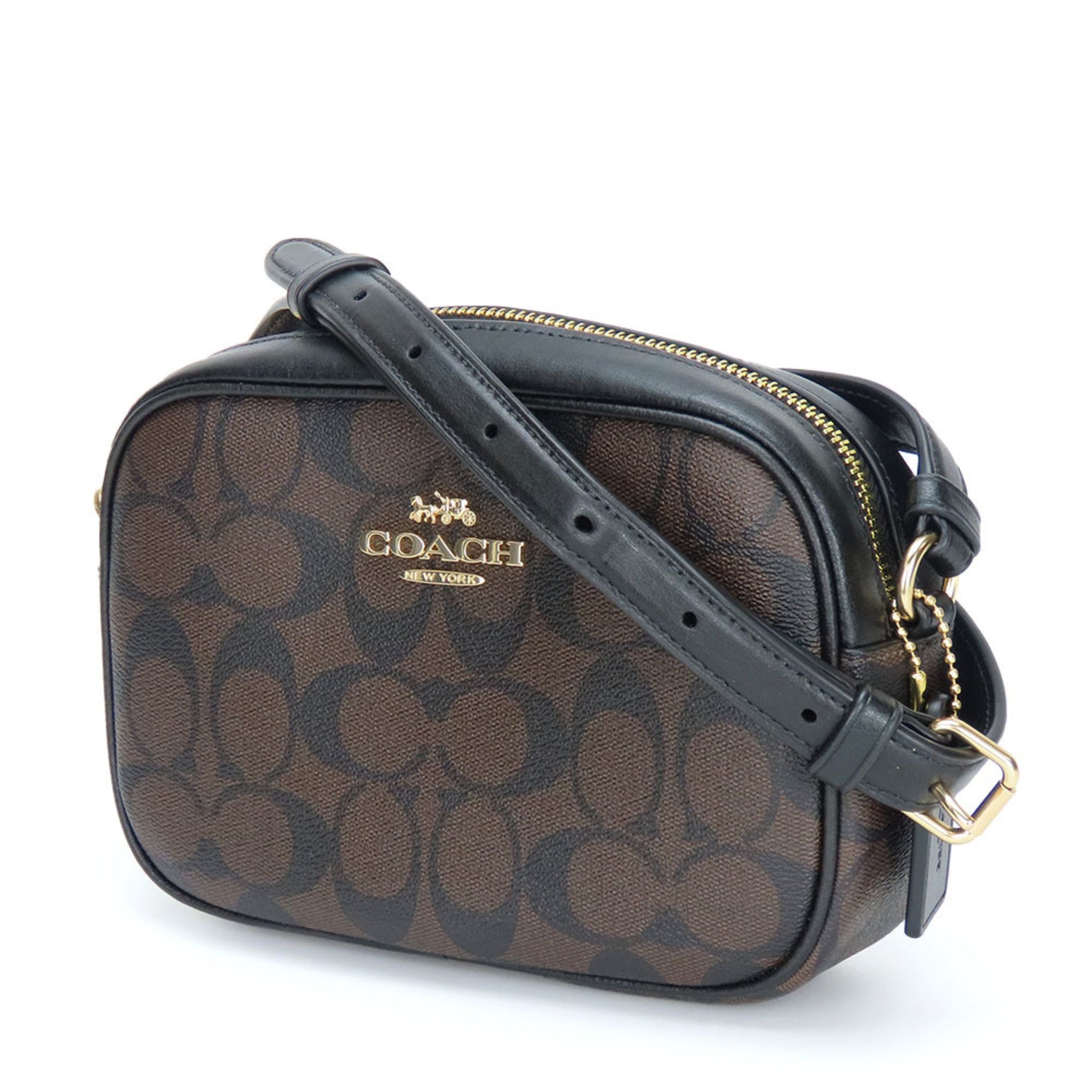 Coach Shoulder Bag Jamie Signature Leather Coated Canvas Brown Black Pochette