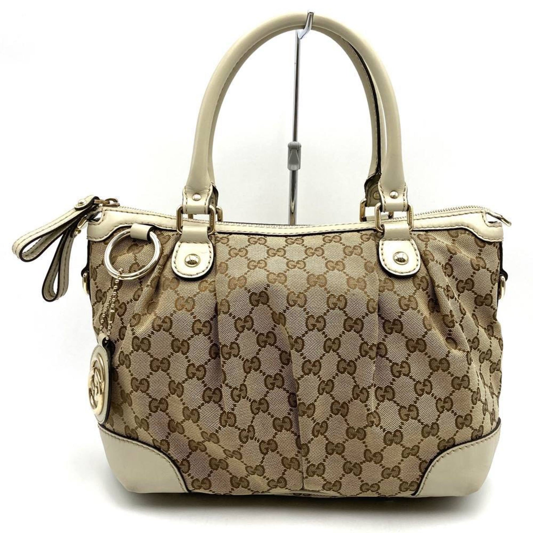 GUCCI Tote Bag White GG Canvas Leather Keychain