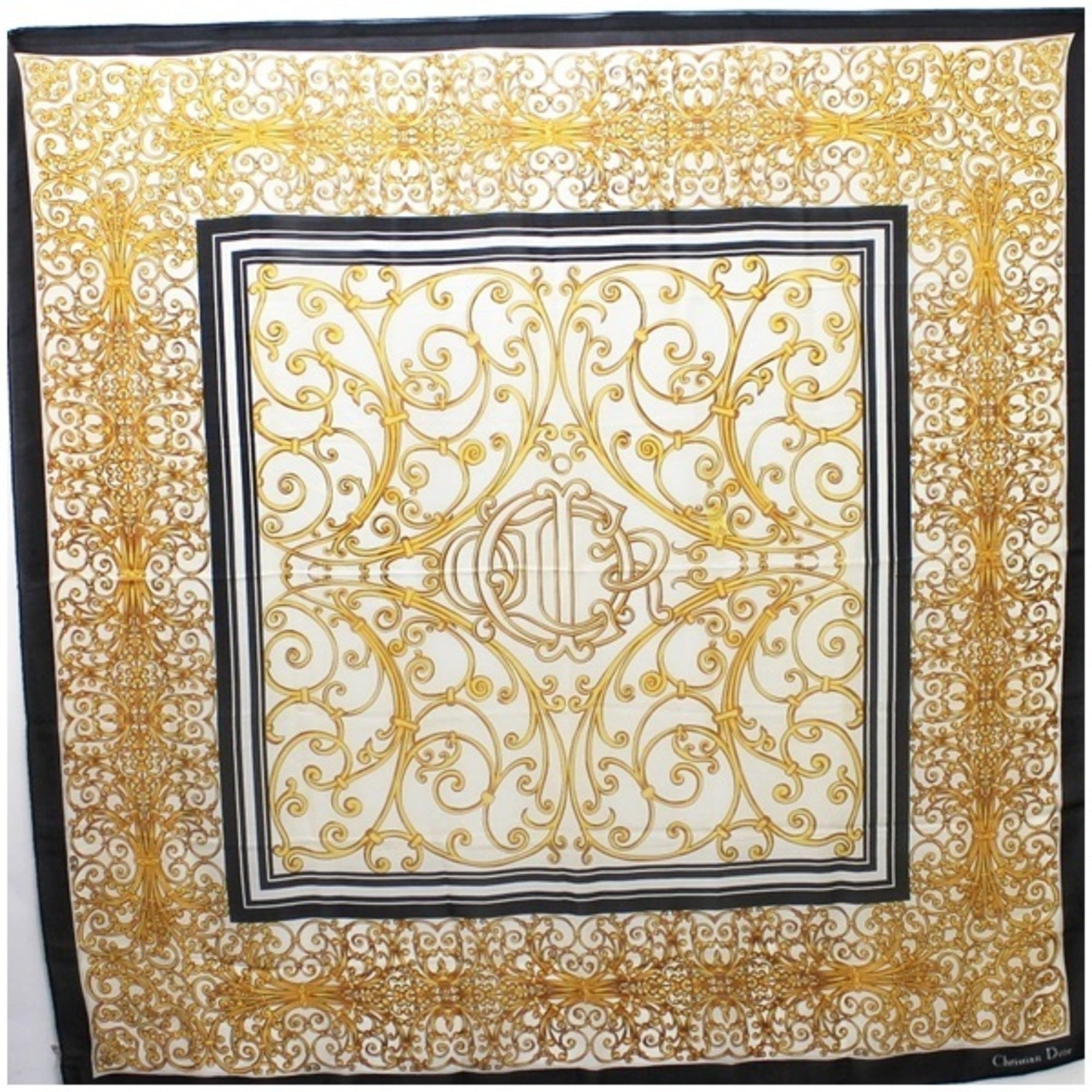 Christian Dior Large Silk Scarf Muffler Black x White Chiffon