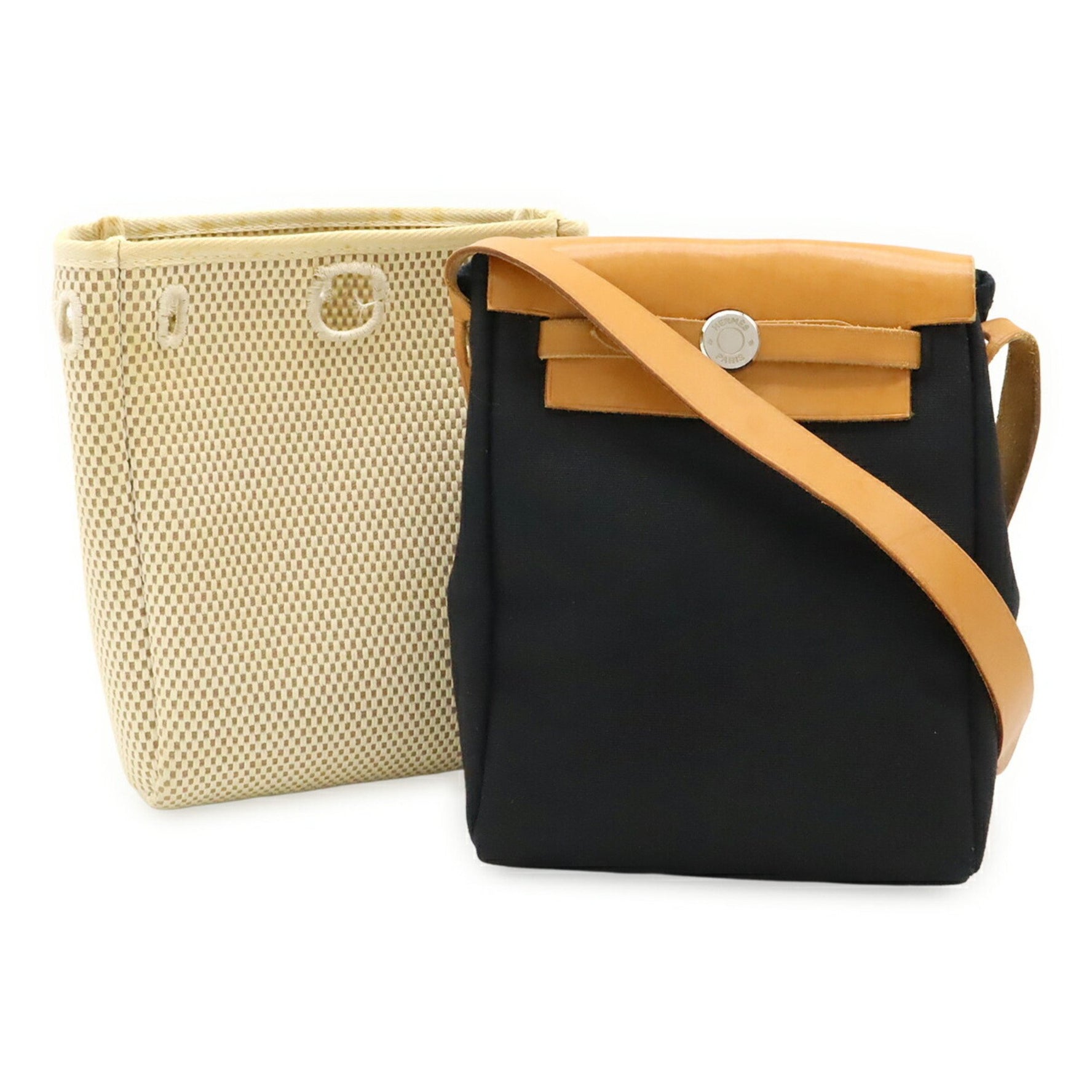 HERMES Hermès Airbag TPM Shoulder Bag Pochette Toile Officier Leather Black Natural H Stamp