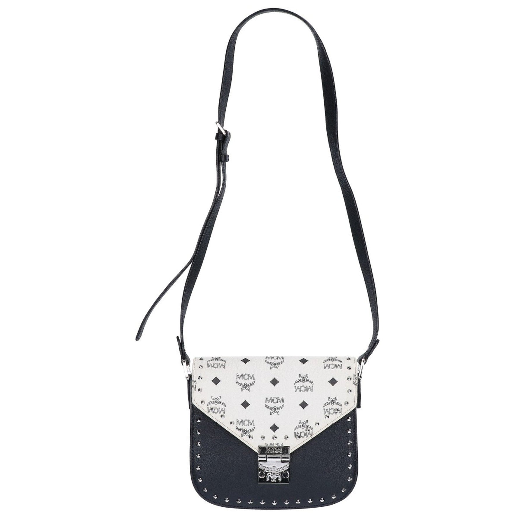 MCM MADE TO ORDER 2017 Visetos Studded Flap Shoulder Bag in Black and White